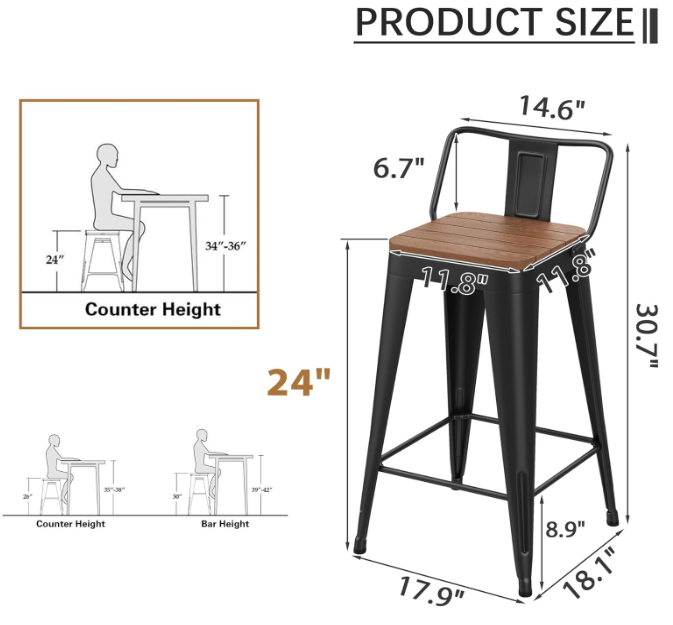24" Outdoor Barstools Patio Stool Metal Bar Stools Set of 4 Counter Height Barstools with Wood Plastic Seat Industrial Bar Chairs Metal