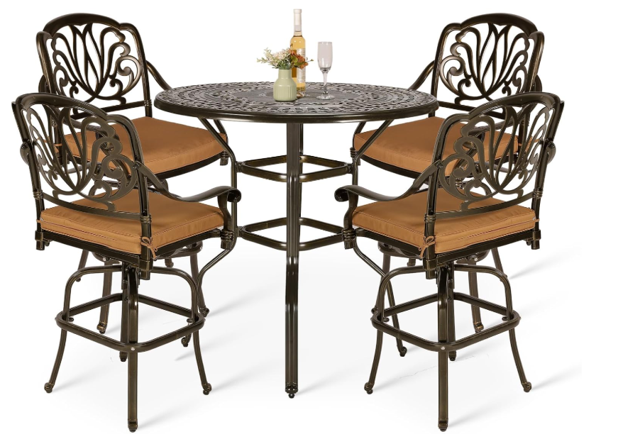  5-Piece Patio Swivel Bar Stools Set, All Weather Cast Aluminum Outdoor Bar Height Bistro Set with 4 Cushioned Bar Chairs & 38.5" High Bar Table w/Umbrella Hole for Backyard
