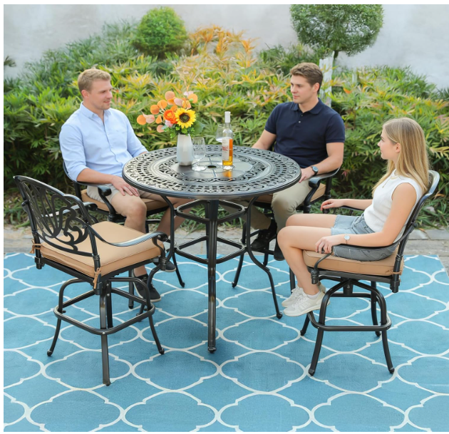  5-Piece Patio Swivel Bar Stools Set, All Weather Cast Aluminum Outdoor Bar Height Bistro Set with 4 Cushioned Bar Chairs & 38.5" High Bar Table w/Umbrella Hole for Backyard