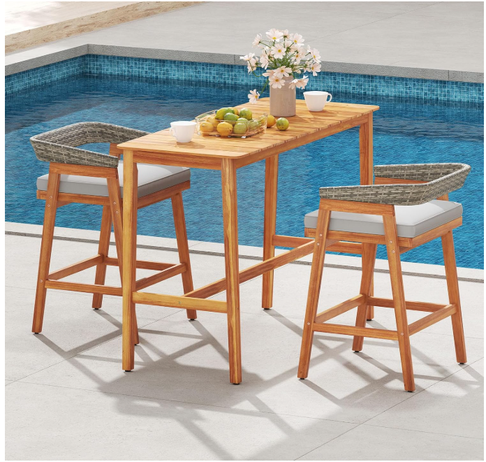 5 Piece Patio Bar Set, Outdoor Acacia Wood Counter Height Table with 4 Cushioned Barstools with Curved Rattan Back and Footrest, for Backyard, Poolside, Balcony