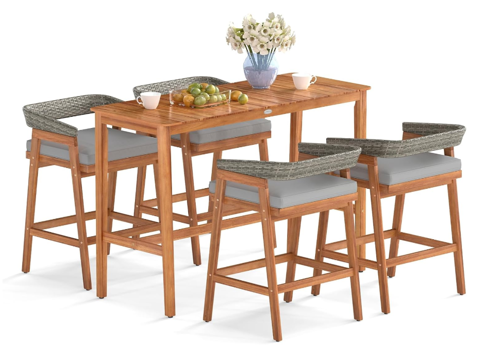 5 Piece Patio Bar Set, Outdoor Acacia Wood Counter Height Table with 4 Cushioned Barstools with Curved Rattan Back and Footrest, for Backyard, Poolside, Balcony