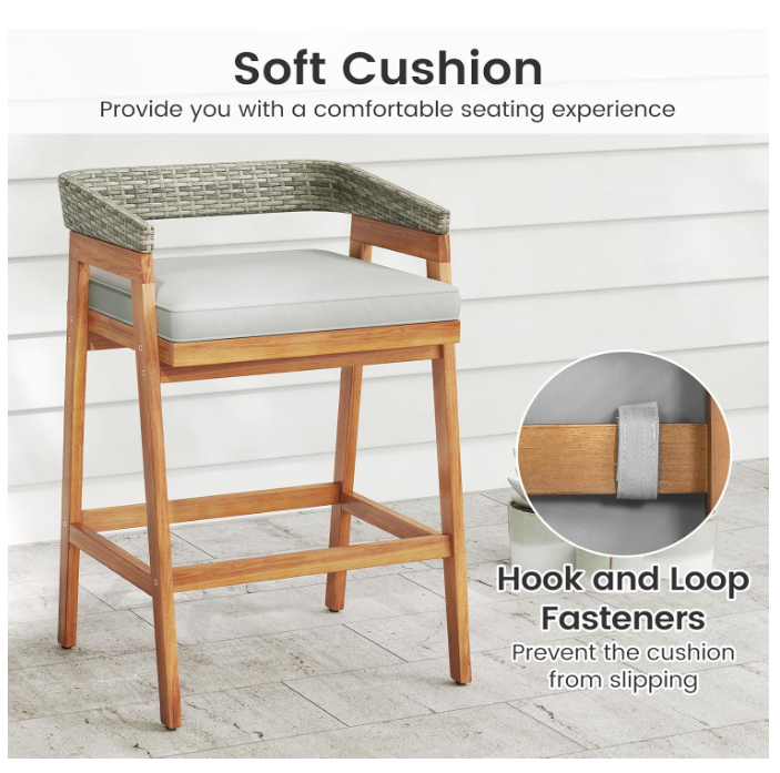 5 Piece Patio Bar Set, Outdoor Acacia Wood Counter Height Table with 4 Cushioned Barstools with Curved Rattan Back and Footrest, for Backyard, Poolside, Balcony