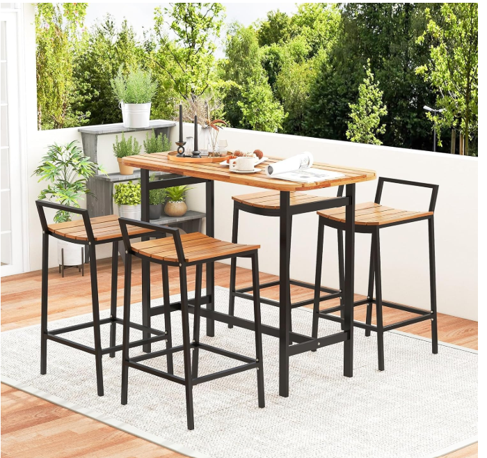 5 Pieces Acacia Wood Patio Bar Set, Outdoor Bar Table Chairs Set with Metal Frame & Footrest, Patio Furniture for Porch Poolside Backyard