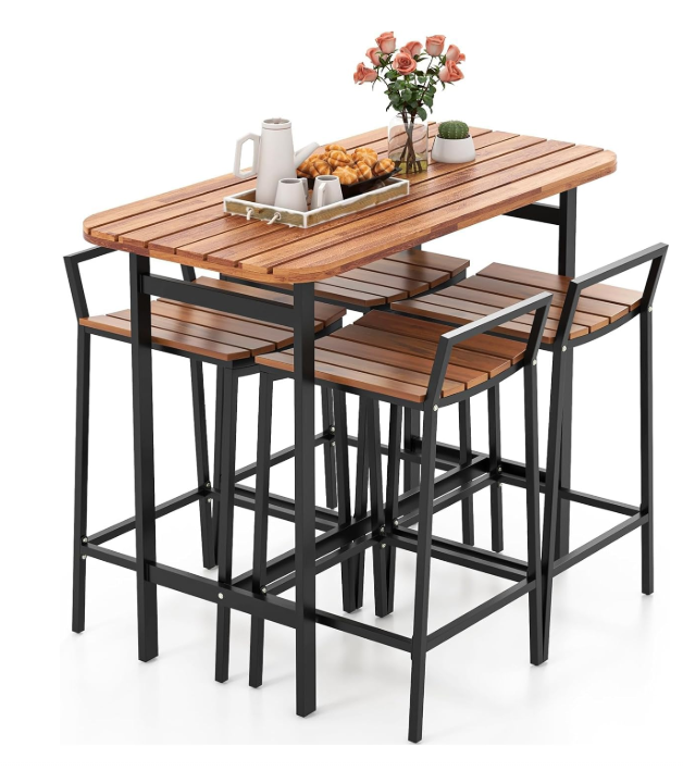 5 Pieces Acacia Wood Patio Bar Set, Outdoor Bar Table Chairs Set with Metal Frame & Footrest, Patio Furniture for Porch Poolside Backyard