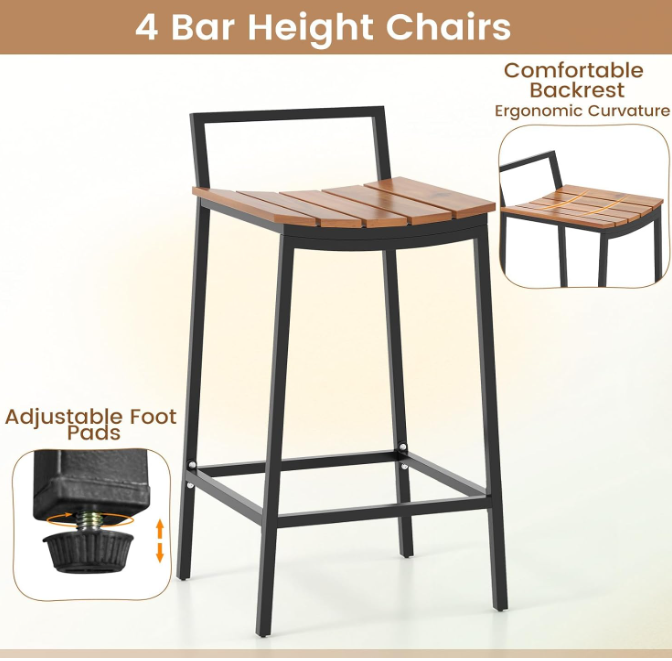 5 Pieces Acacia Wood Patio Bar Set, Outdoor Bar Table Chairs Set with Metal Frame & Footrest, Patio Furniture for Porch Poolside Backyard