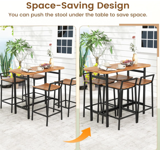 5 Pieces Acacia Wood Patio Bar Set, Outdoor Bar Table Chairs Set with Metal Frame & Footrest, Patio Furniture for Porch Poolside Backyard