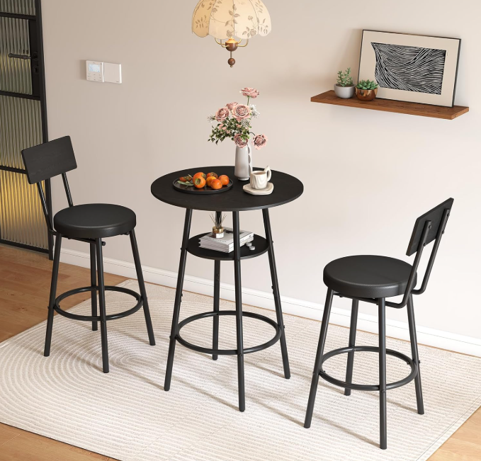 3 Pieces Round Bar Table Set, Pub Table and Chairs Set of 2, Black Kitchen Bar Table with 2 Cushion Bar Stools & Backrest