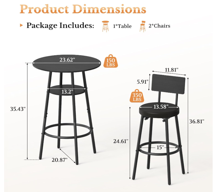 3 Pieces Round Bar Table Set, Pub Table and Chairs Set of 2, Black Kitchen Bar Table with 2 Cushion Bar Stools & Backrest