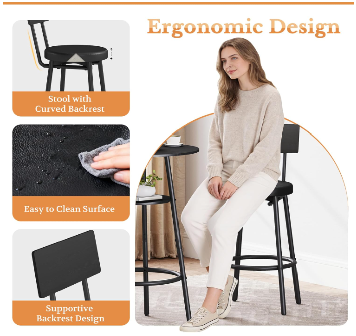 3 Pieces Round Bar Table Set, Pub Table and Chairs Set of 2, Black Kitchen Bar Table with 2 Cushion Bar Stools & Backrest