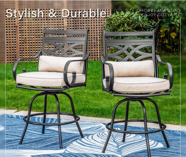 2 PCS Outdoor Bar stools, 360° Swivel Bar Chairs, Counter Height Outdoor Barstools High Top Patio Chairs with Back Support Cushion, Black