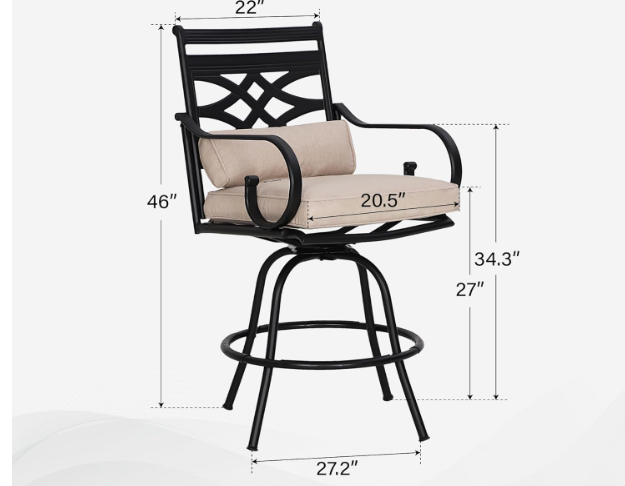 2 PCS Outdoor Bar stools, 360° Swivel Bar Chairs, Counter Height Outdoor Barstools High Top Patio Chairs with Back Support Cushion, Black