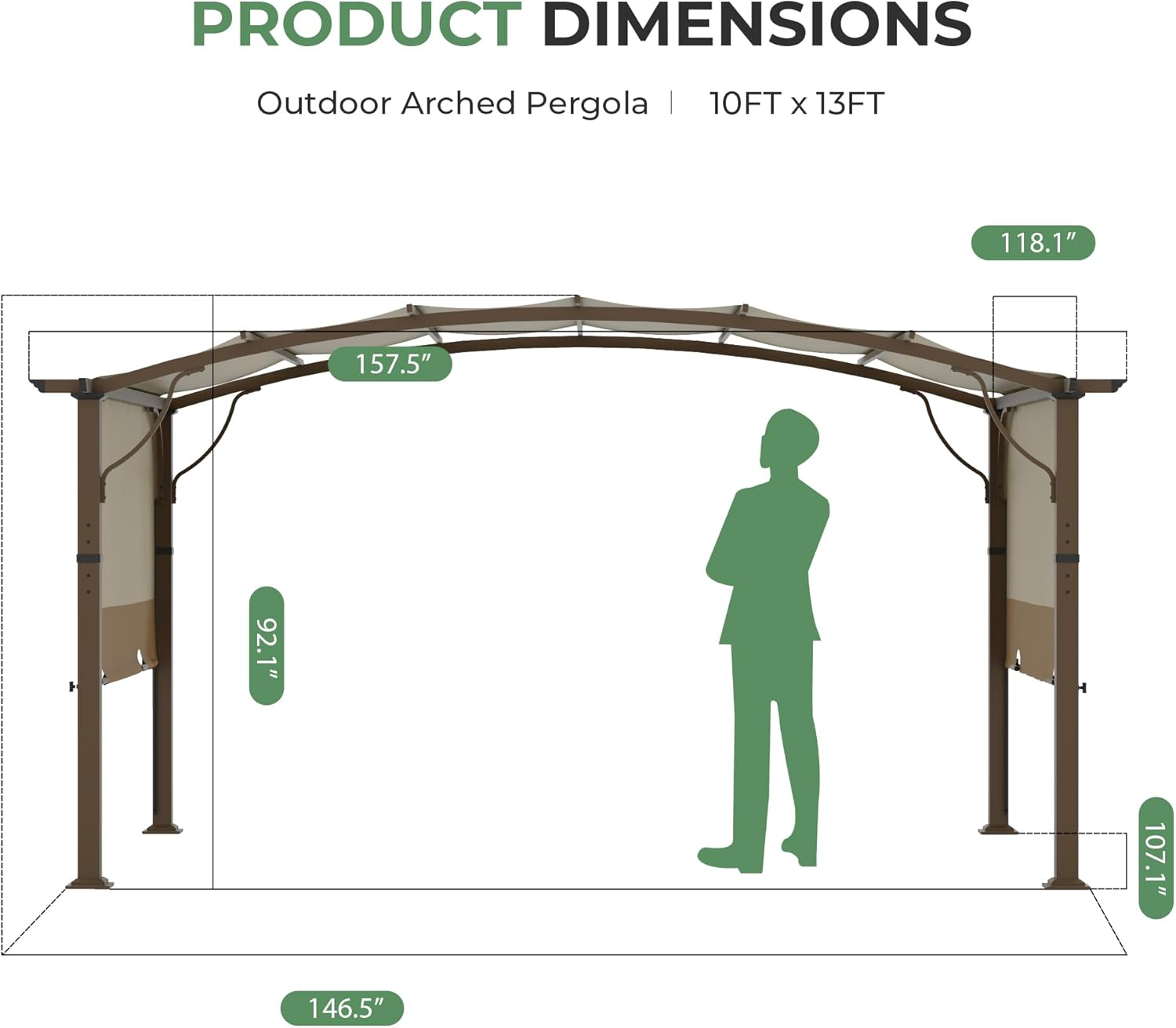 10 x13 Arched Outdoor Pergola for Deck, Outdoor Retractable Pergola with Canopy and Hardware