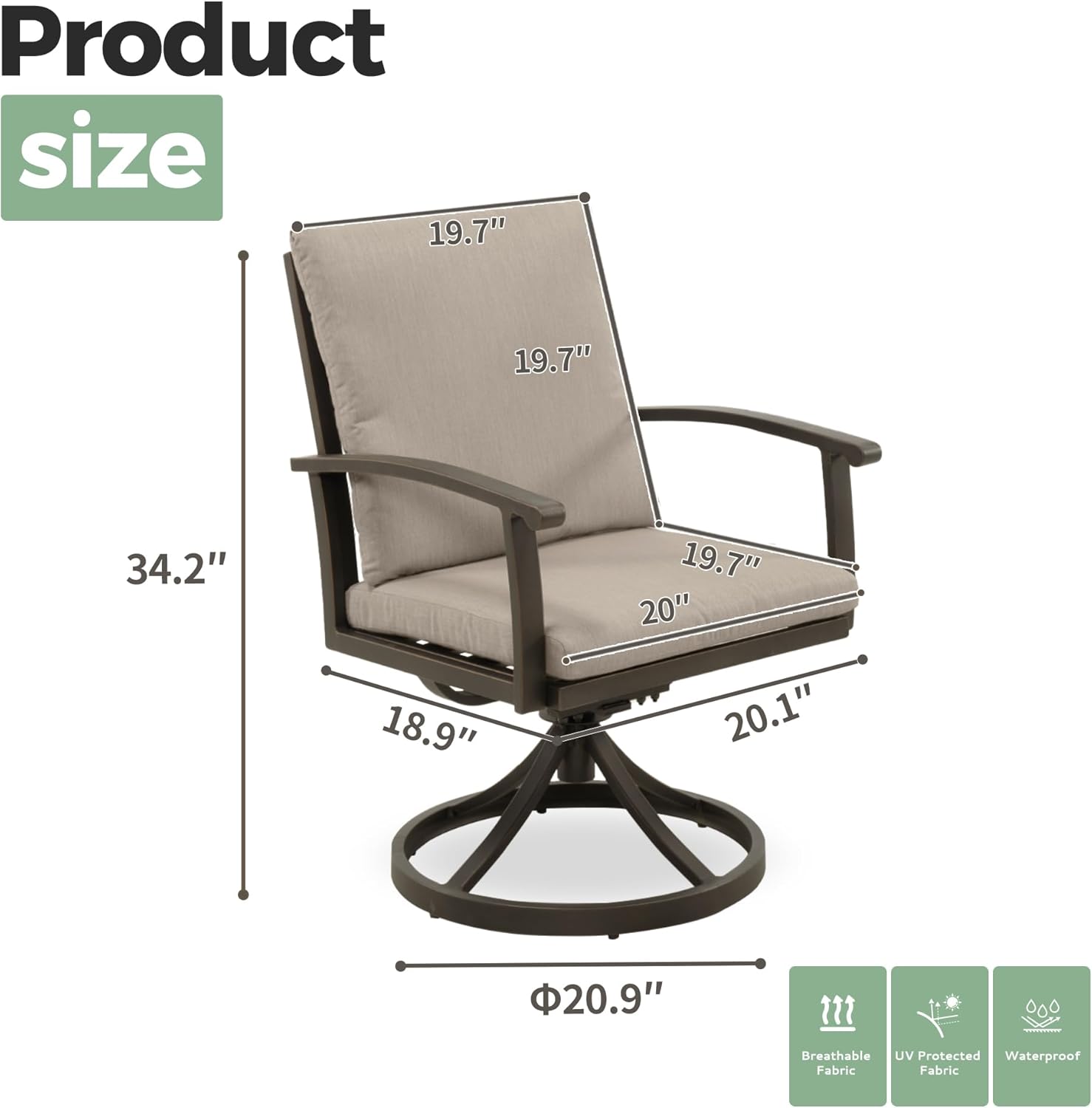 Outdoor Swivel Dining Chairs Set of 2, Aluminum Swivel Rocker Chairs with Curved Armrest & Aluminum Frame
