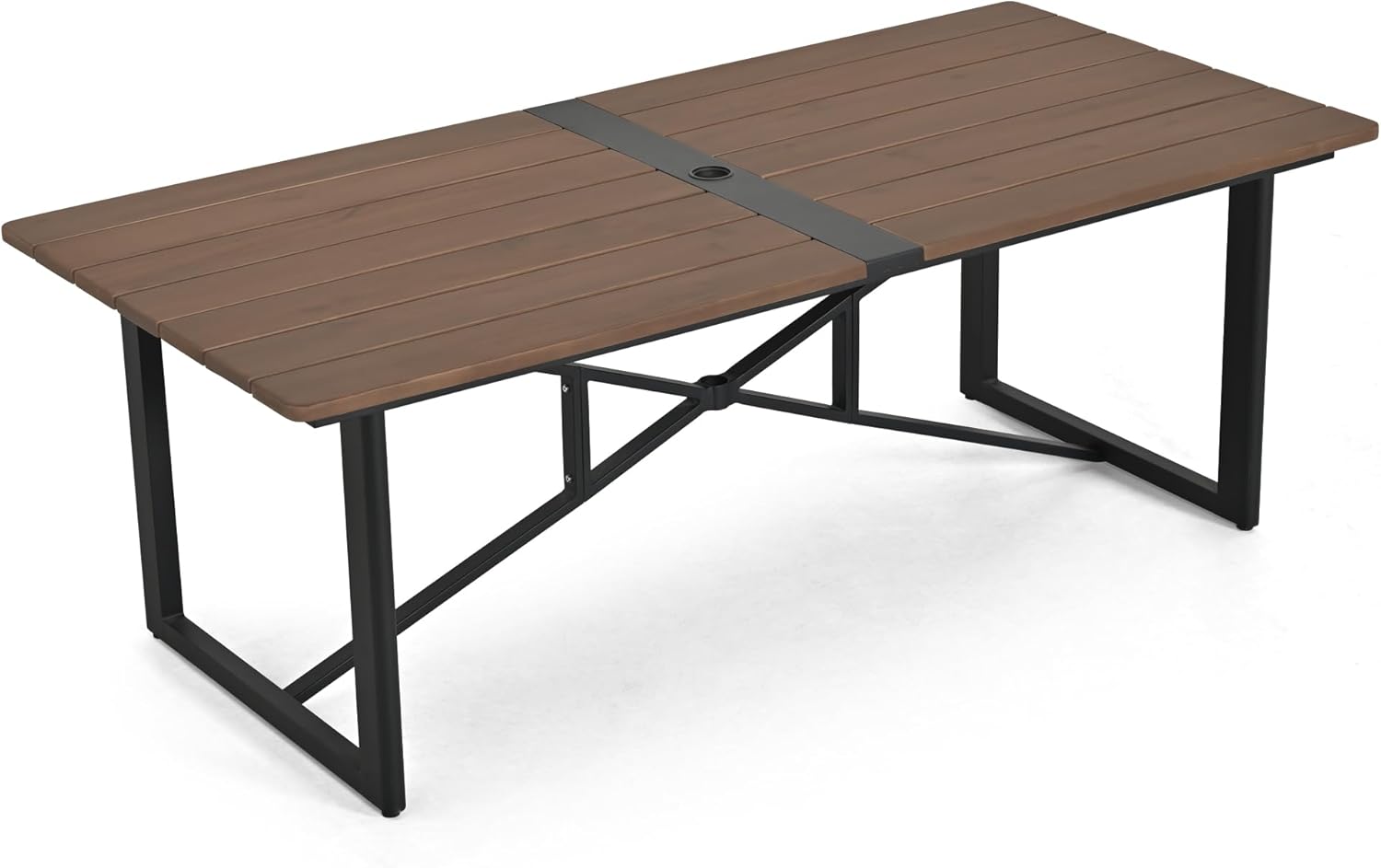 Patio Dining Table with Powder-Coated Aluminum Frame, Rectangle Outdoor Dining Table with Umbrella Hole