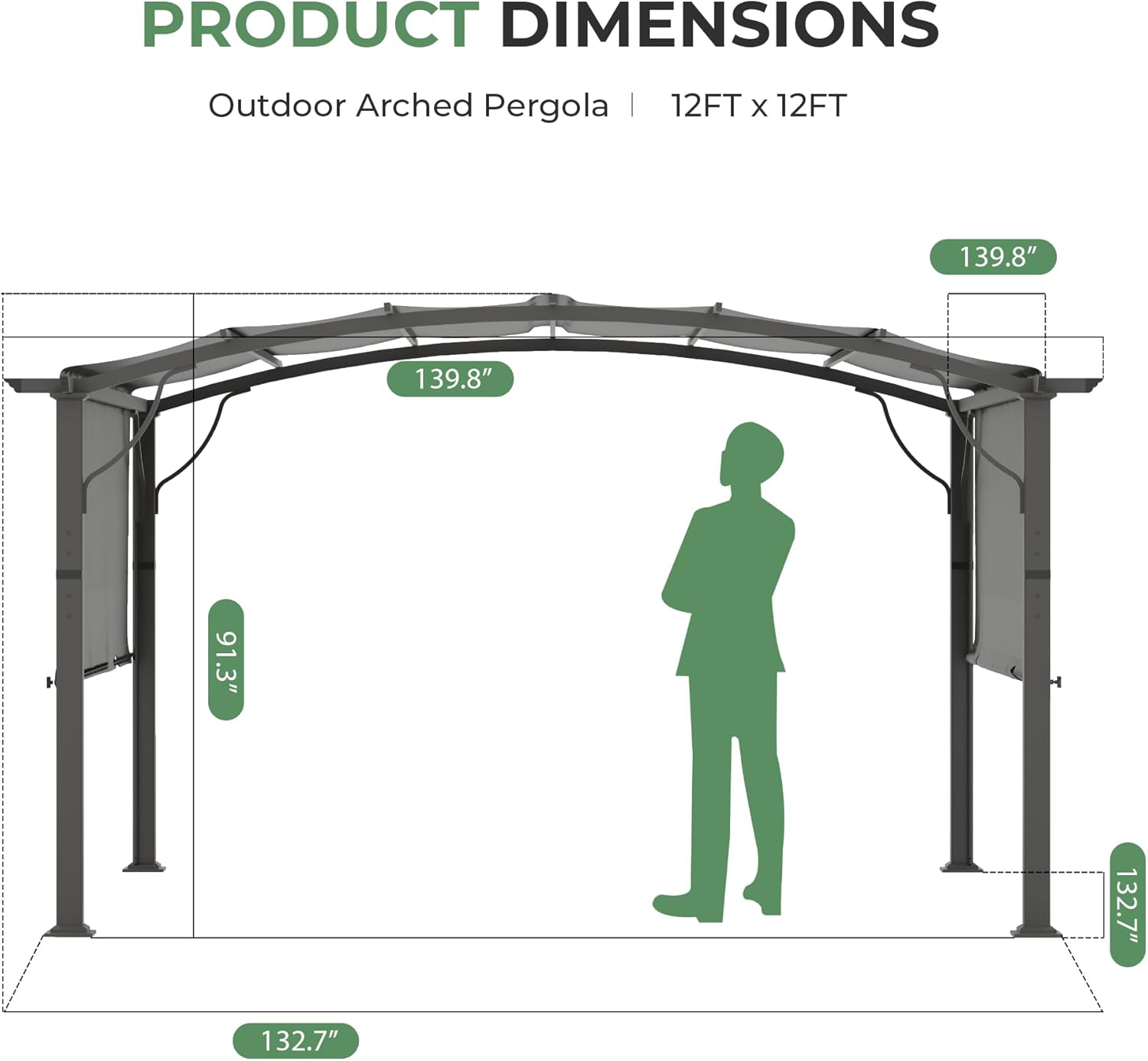 12 x12 Arched Outdoor Pergola for Deck, Outdoor Retractable Pergola with Adjustable Canopy