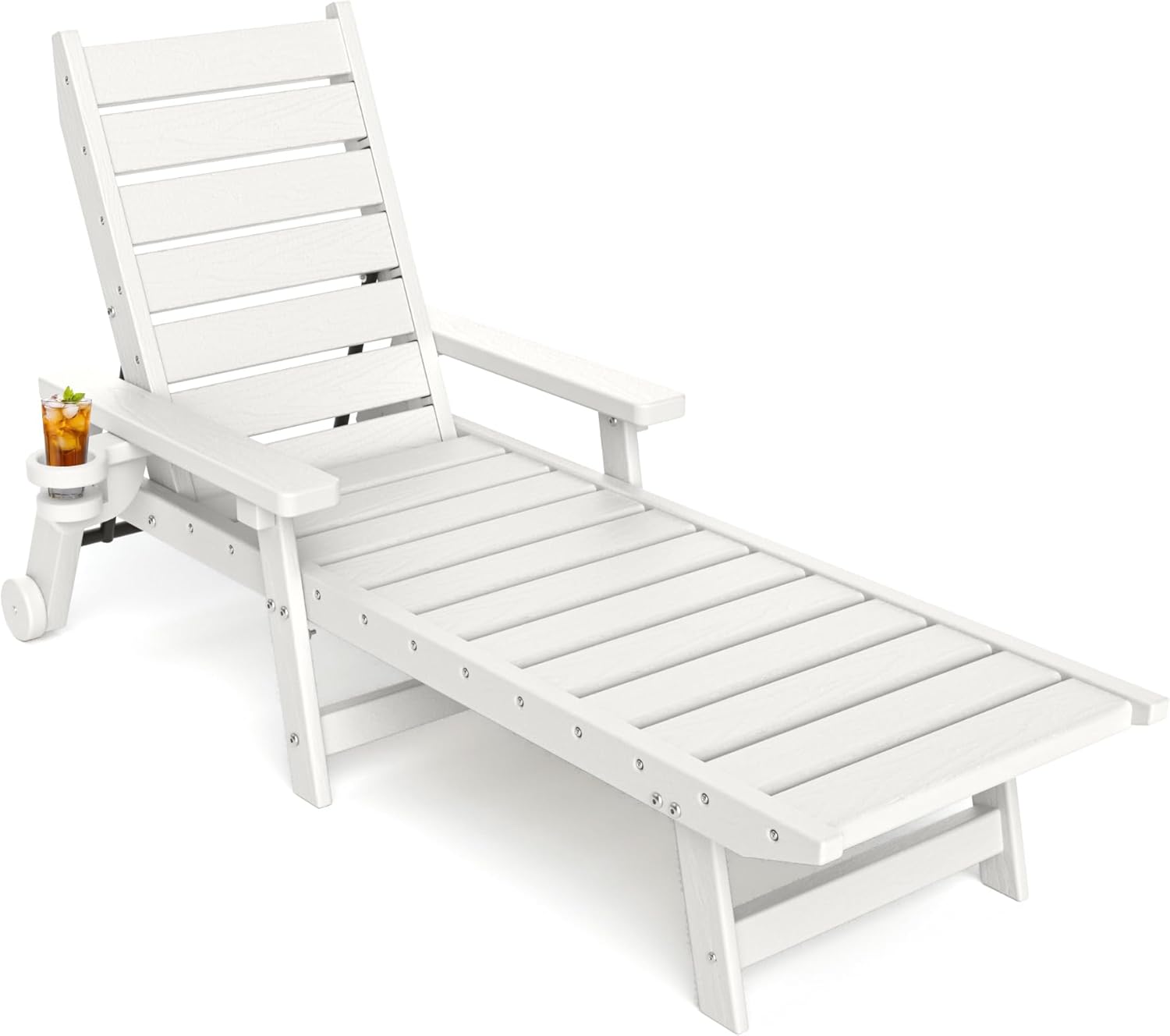 HDPE Chaise Lounge 5-Level Adjustable Backrest, Pool Lounge Chair with Wheels and Cup Holder