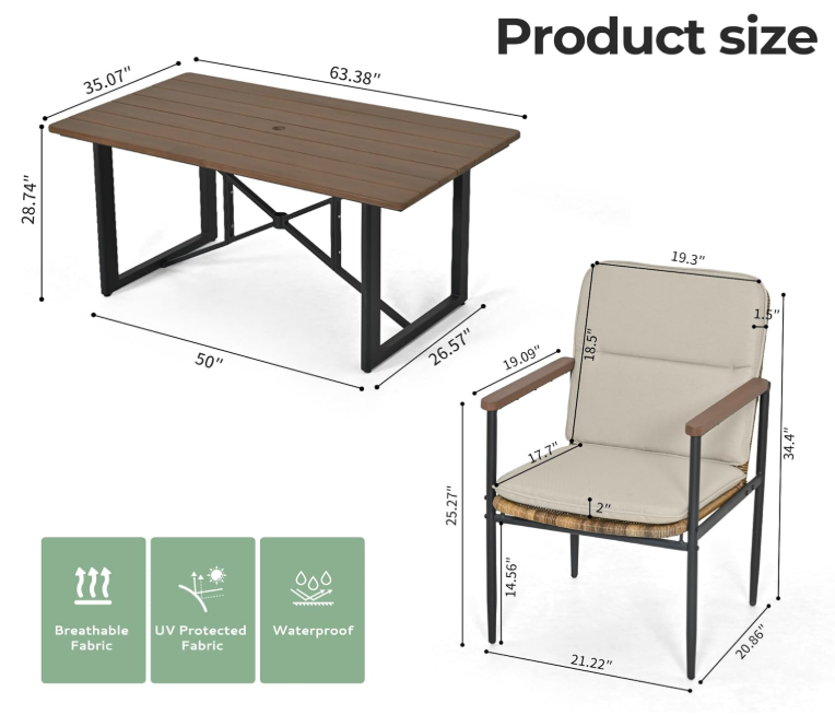 7-Piece Patio Dining Set, Wicker Outdoor Table and Chairs Set for 6 with Powder-Coated Aluminum Frame