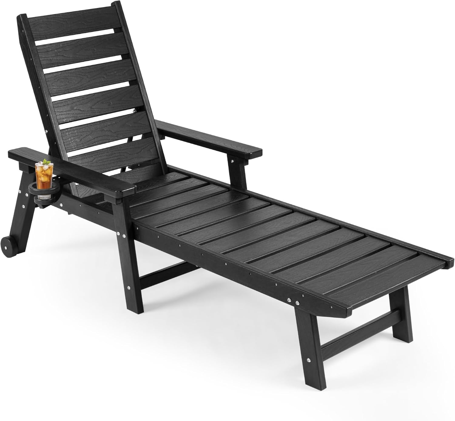 HDPE Chaise Lounge 5-Level Adjustable Backrest, Pool Lounge Chair with Wheels and Cup Holder