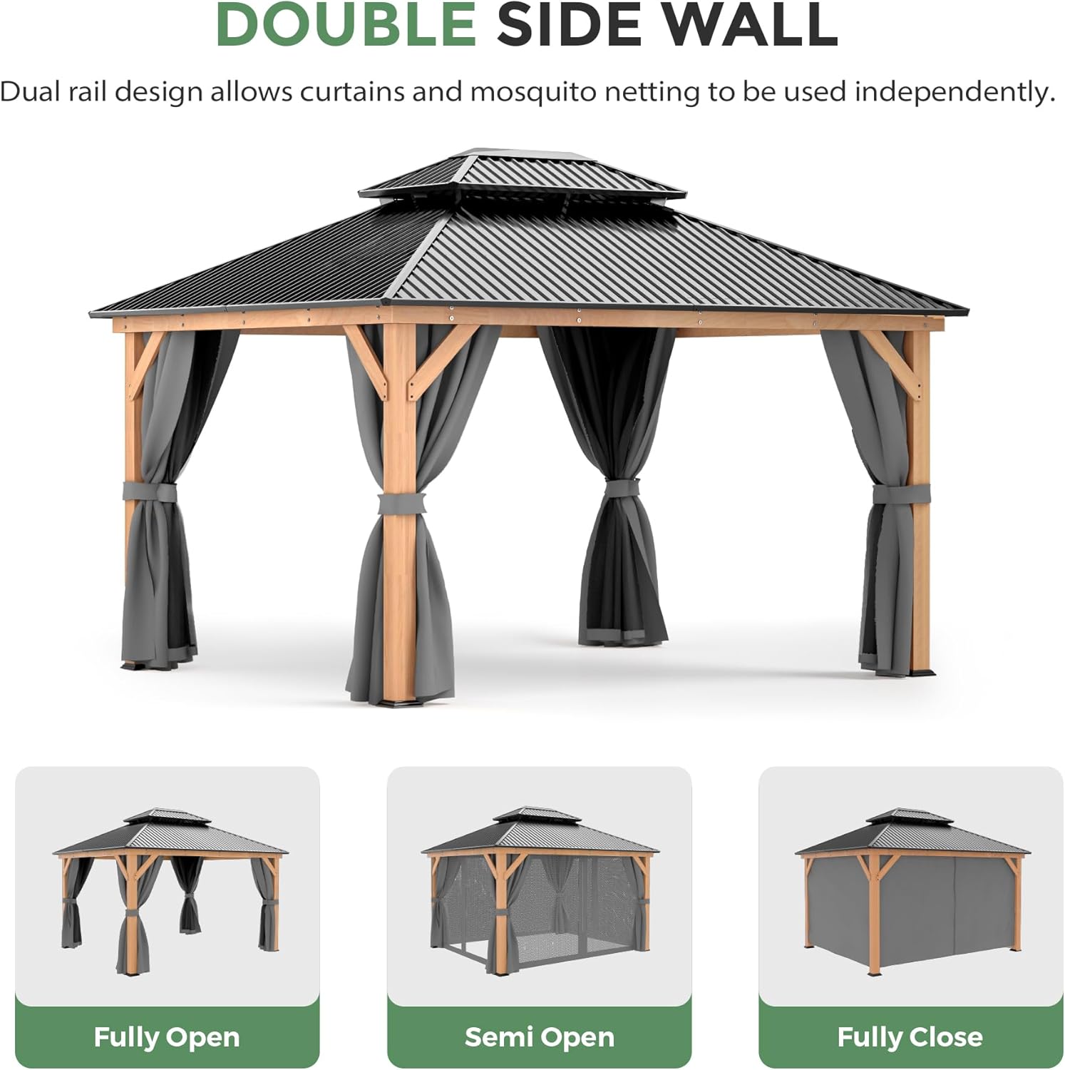 11x13 Wood Gazebo, Outdoor Hardtop Gazebo with Netting and Curtains, Double Galvanized Steel Roof