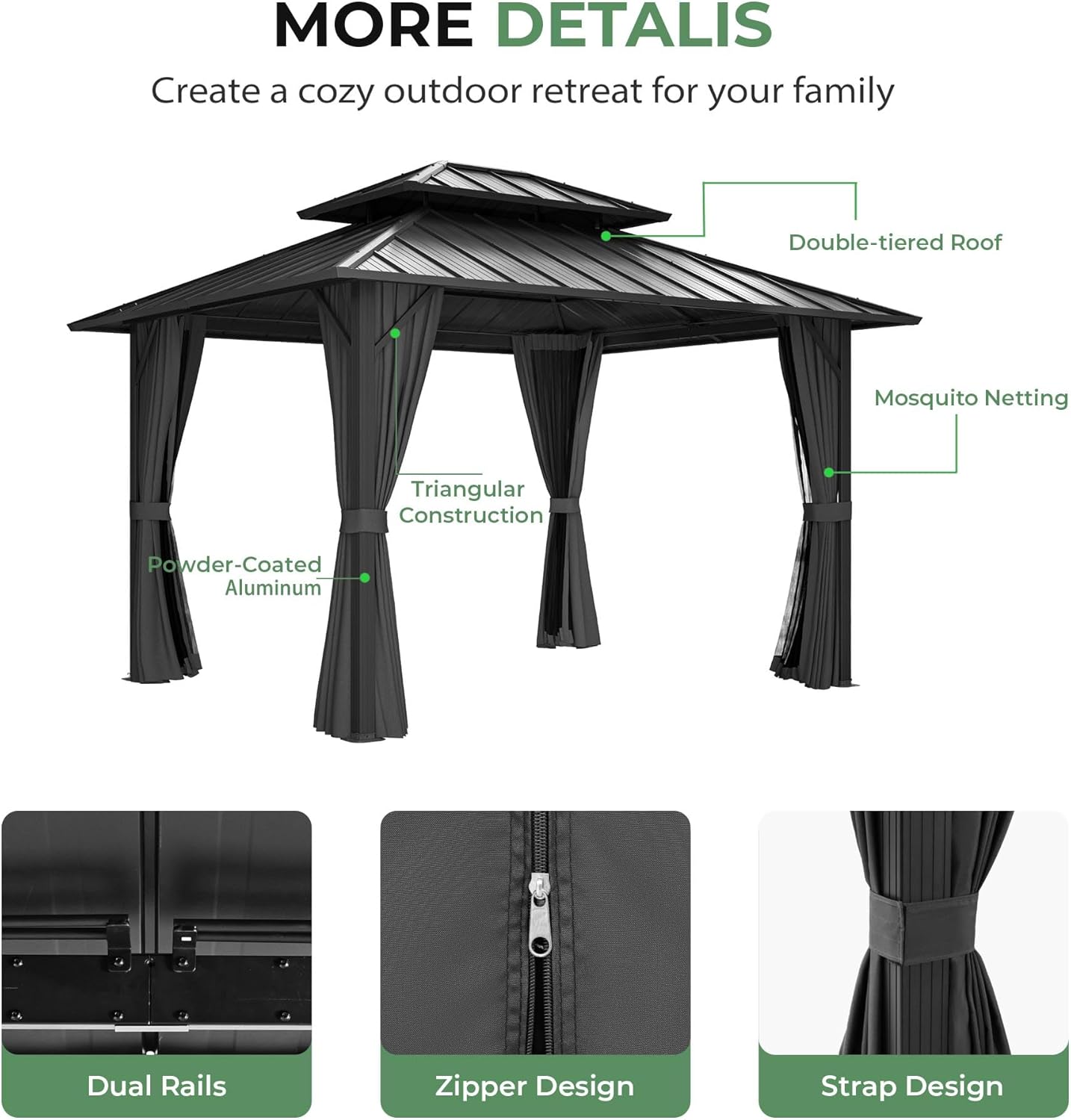 12' x 16' Hardtop Gazebo, Aluminum Frame with Double Galvanized Steel Roof, Outdoor Metal Gazebo with Netting & Curtains