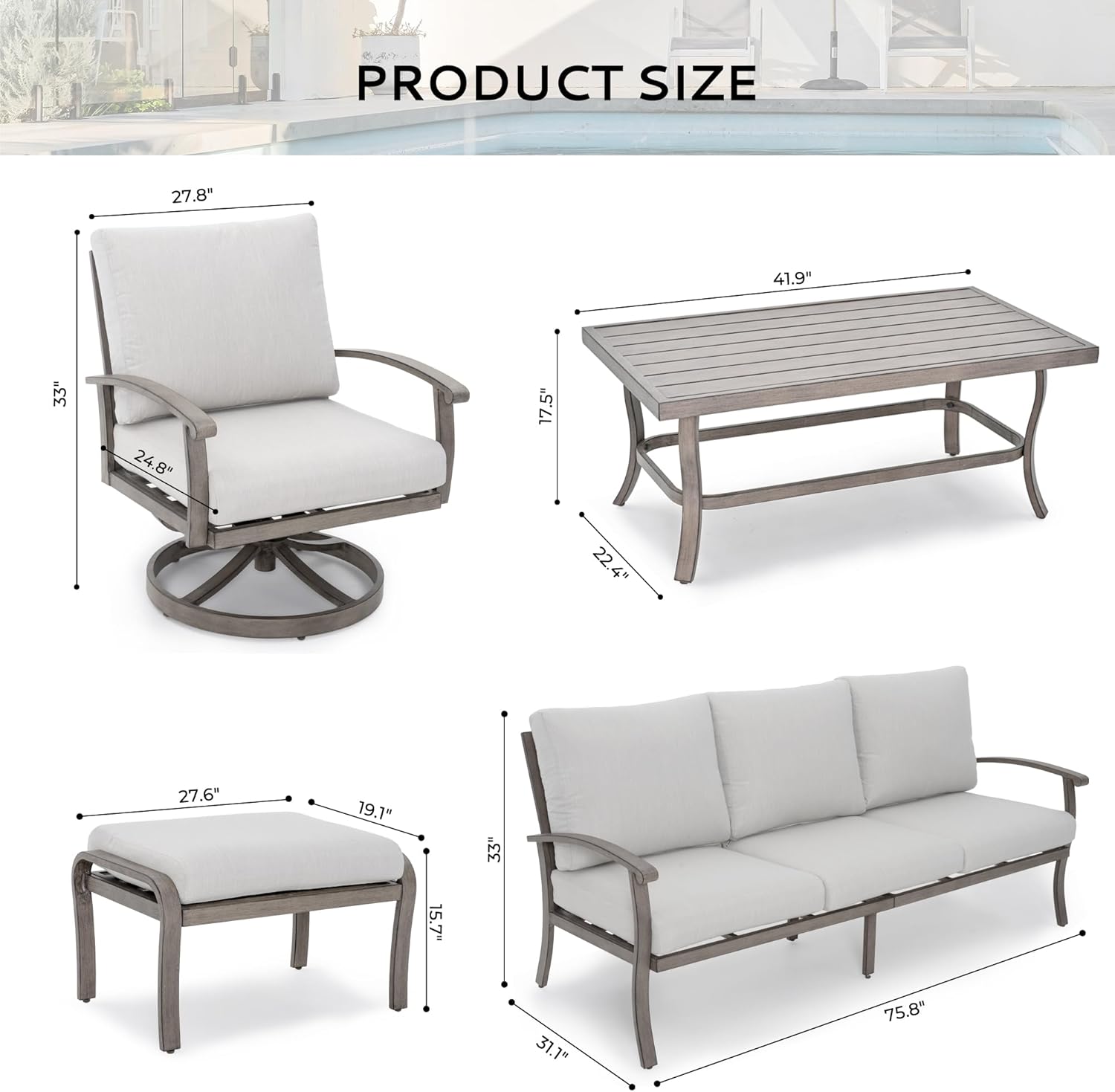Aluminum Patio Furniture Set with Coffee Table 6 Pieces, Sectional 3 Seat Sofa Couch and Swivel Chairs with Cushion and Ottomans