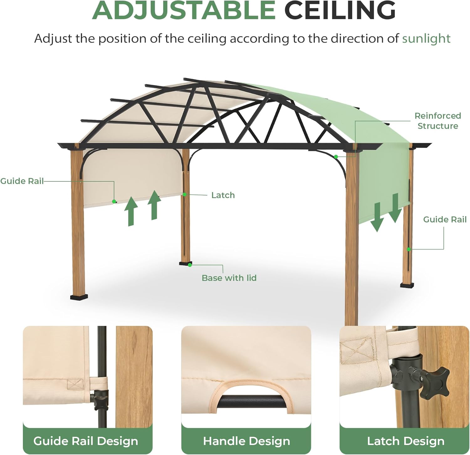 10' X 13' Outdoor Pergola with Retractable Canopy, Wood Grain Metal Patio Pergola Shade