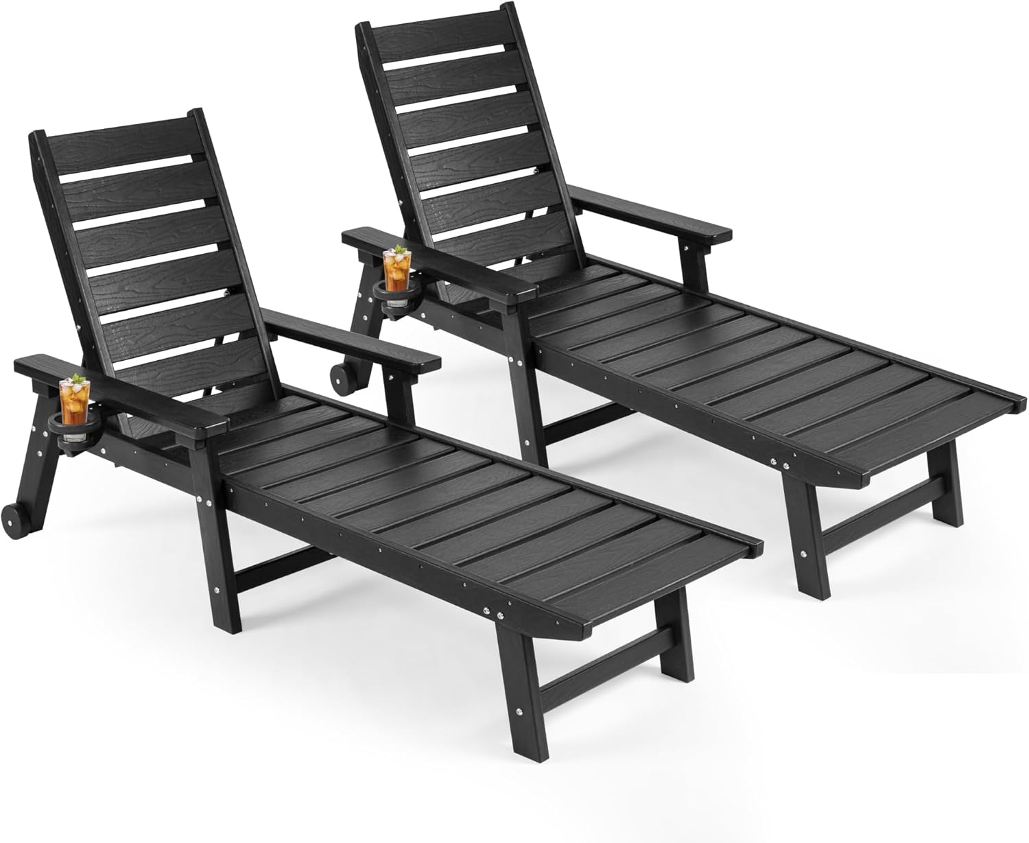Outdoor Lounge Chairs Set of 2, HDPE Chaise Lounge 5-Level Adjustable Backrest, Pool Lounge Chair with Wheels and Cup Holder
