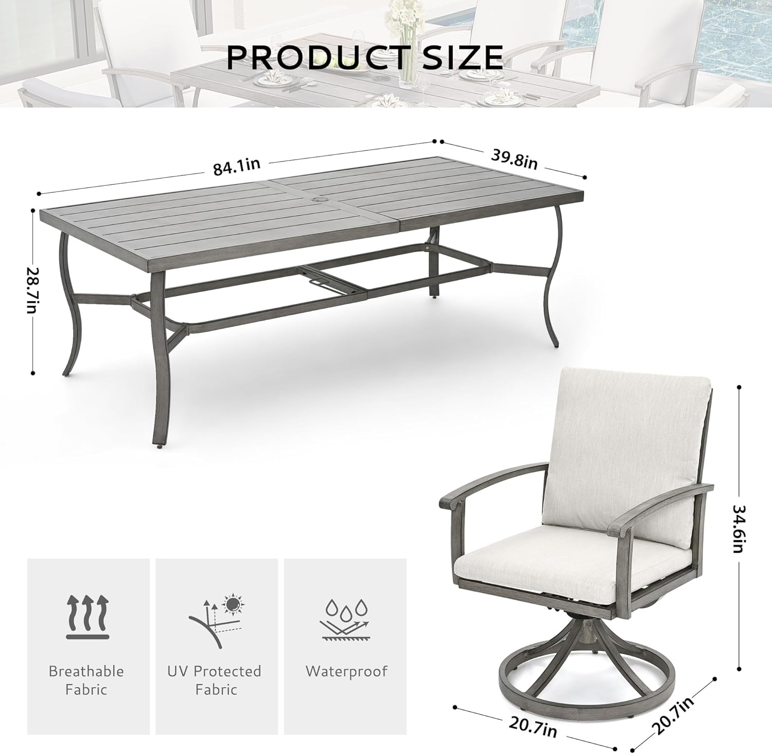 9-Piece Outdoor Patio Dining Set, Aluminum Patio Dining Set for 8, 1 Rectangular Table(Umbrella Hole)