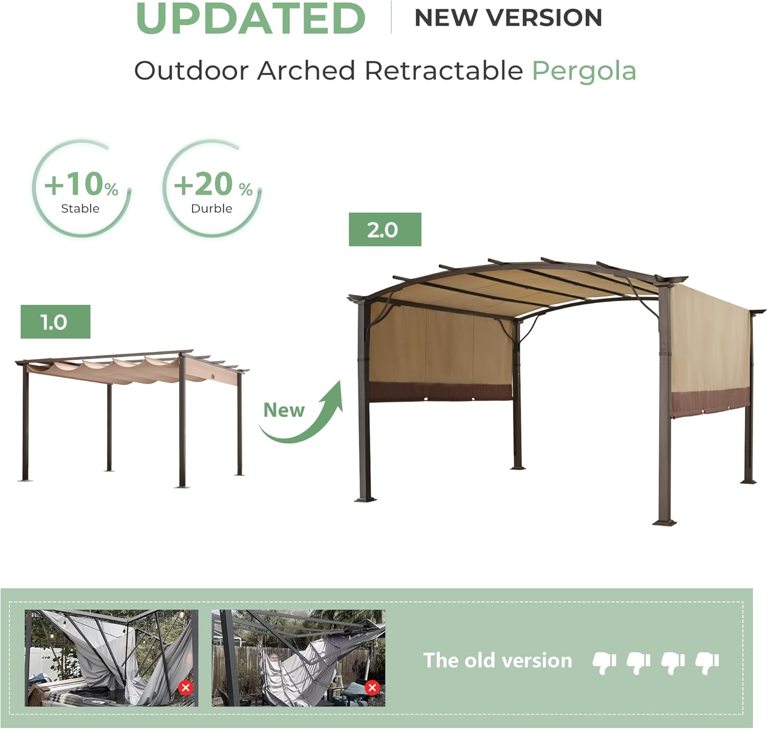 10 x13 Arched Outdoor Pergola for Deck, Outdoor Retractable Pergola with Canopy and Hardware