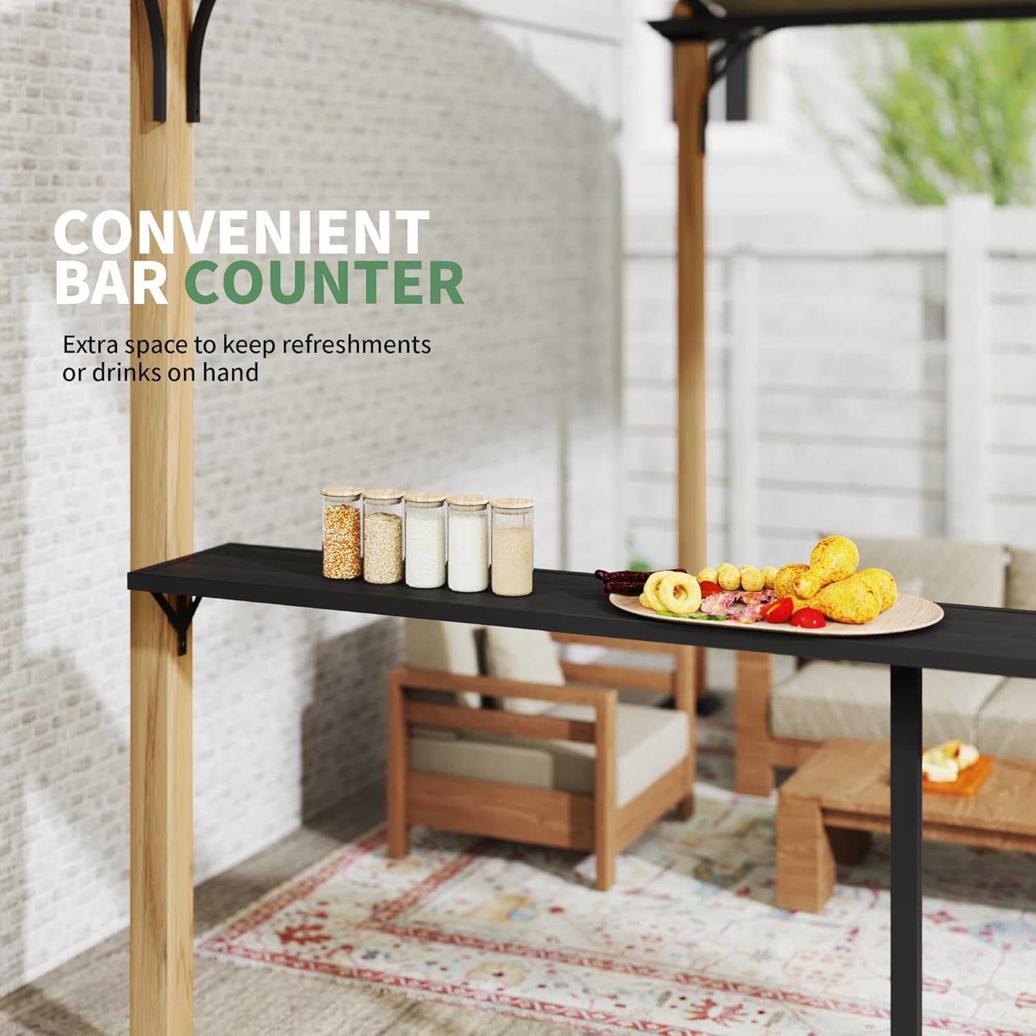 10' x 13' Arched Top Outdoor Pergola, Aluminum Frame Gazebo with Storage Shelf, Wood-Like Frame Patio Pergola Shade