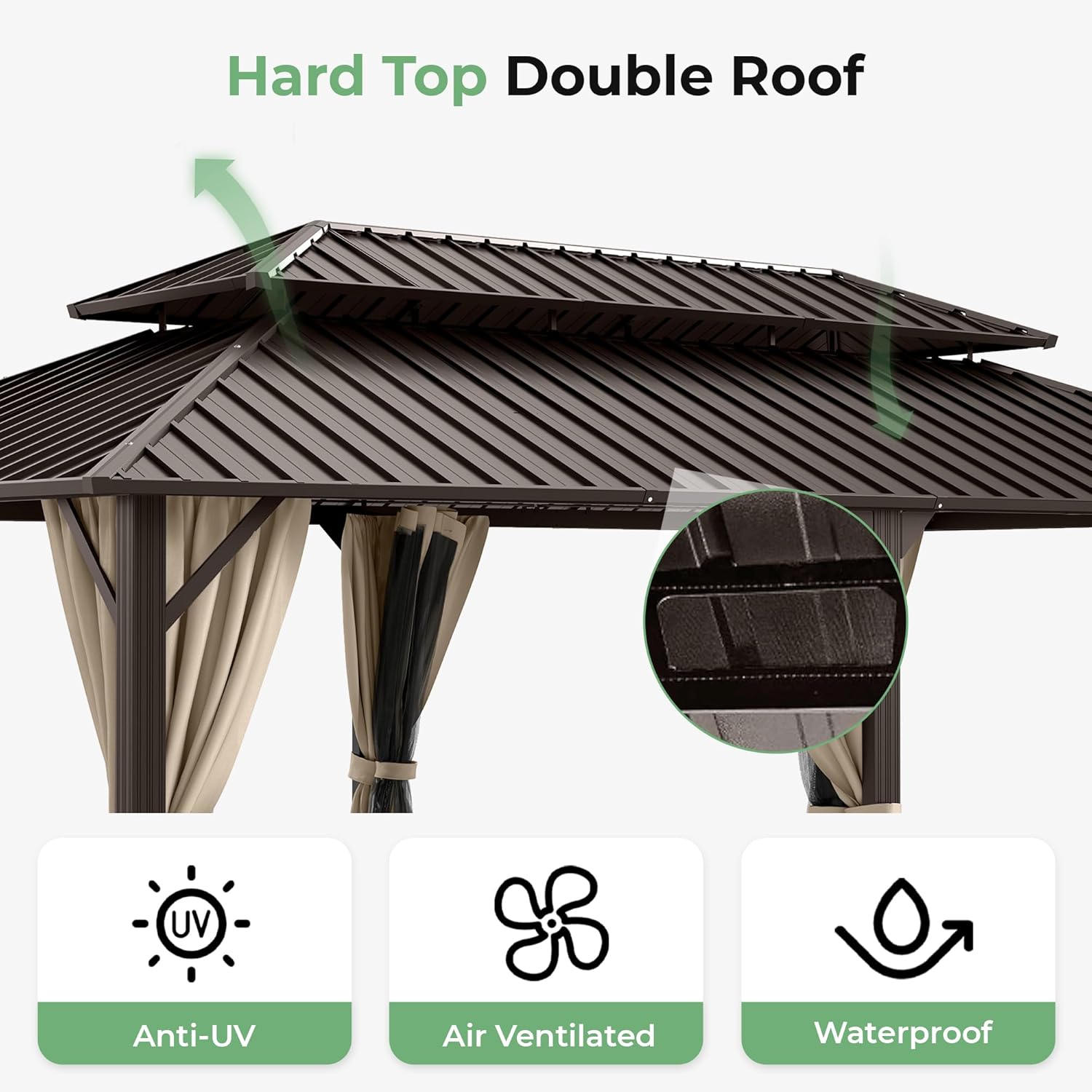 12' x 20' Hardtop Gazebo, Aluminum Frame Gazebo with Double Galvanized Steel Roof, Outdoor Permanent Pavilion with Netting & Curtains