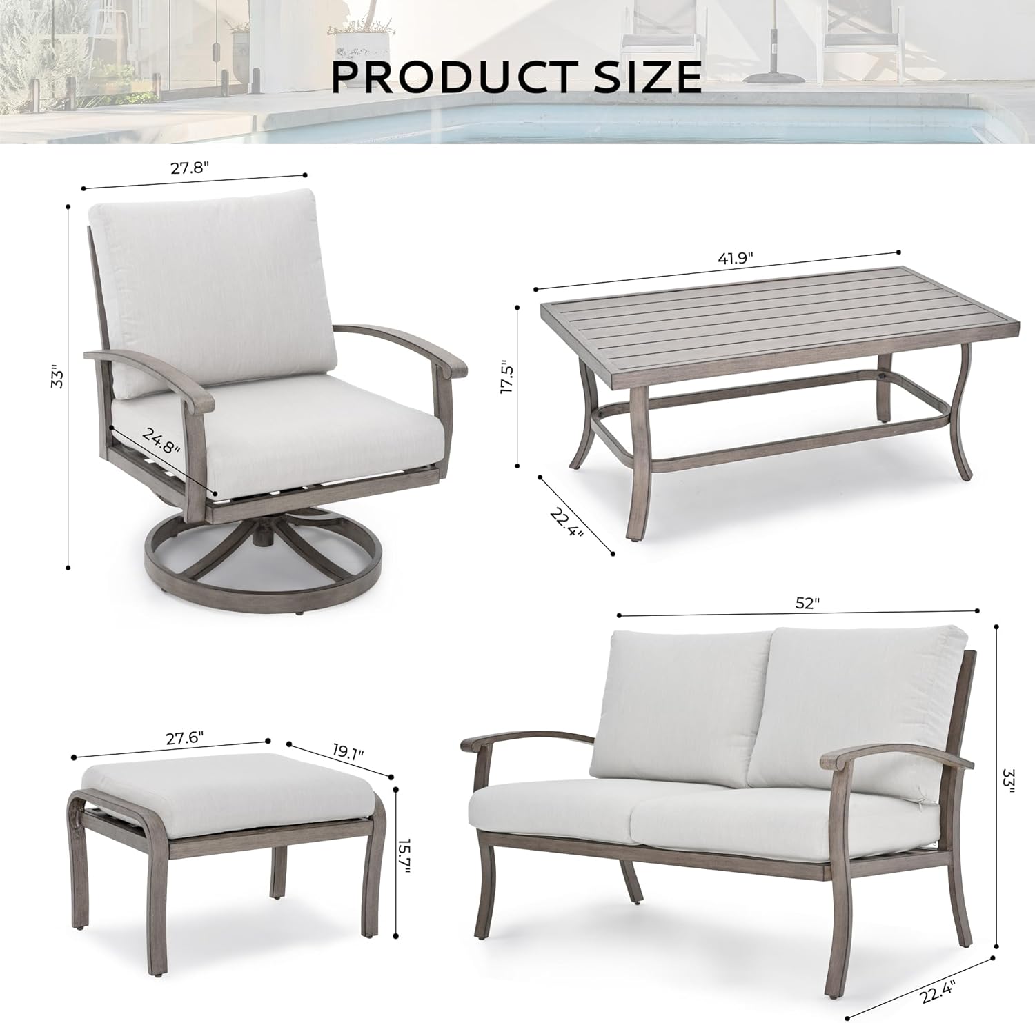 Aluminum Patio Furniture Set with Coffee Table 6 Pieces, Sectional Loveseat and Swivel Chairs with Cushion and Ottomans