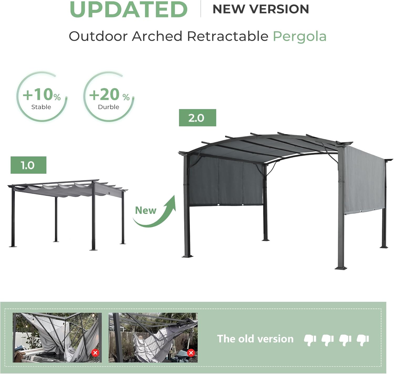 12 x12 Arched Outdoor Pergola for Deck, Outdoor Retractable Pergola with Adjustable Canopy