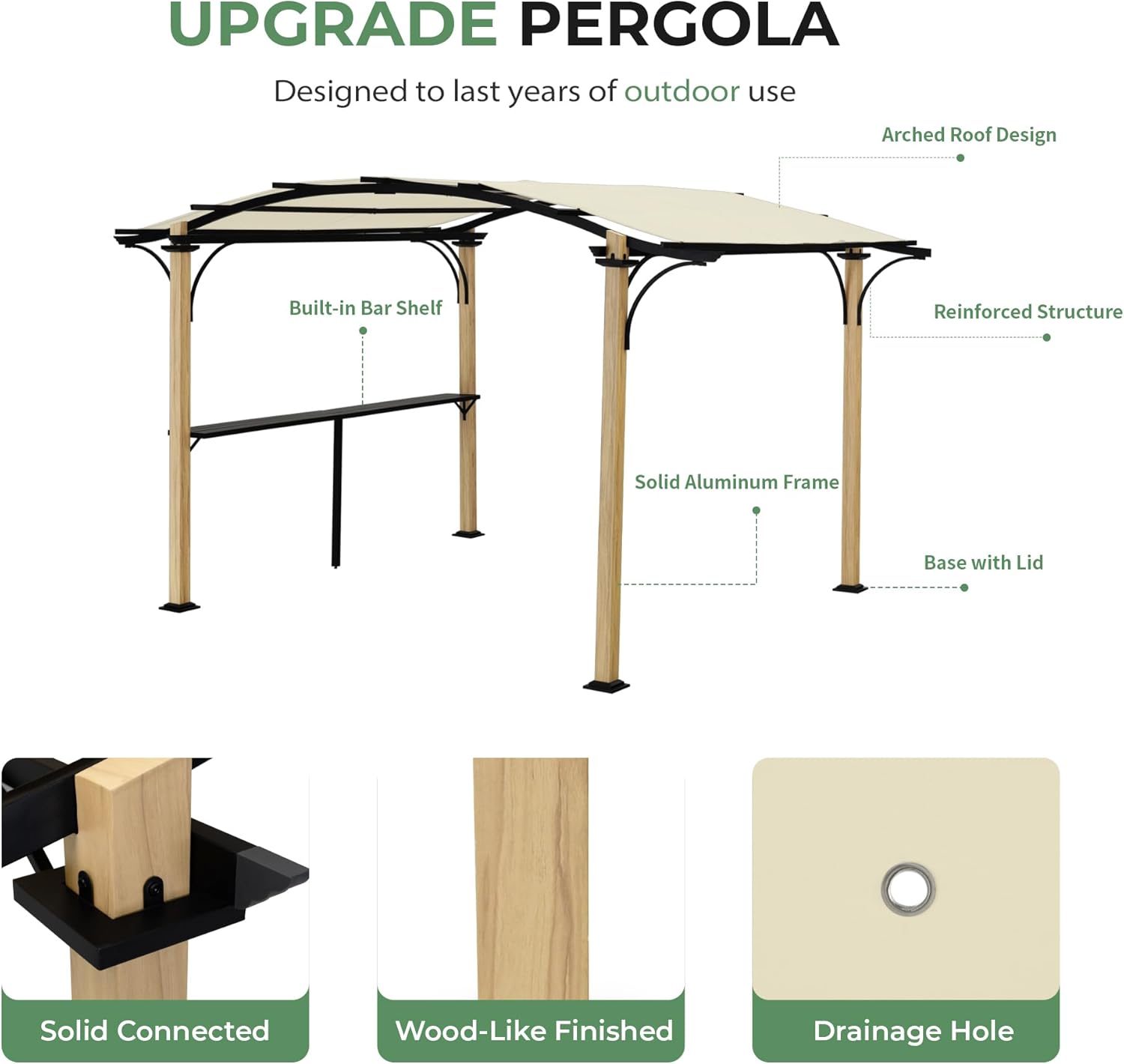 10' x 13' Arched Top Outdoor Pergola, Aluminum Frame Gazebo with Storage Shelf, Wood-Like Frame Patio Pergola Shade