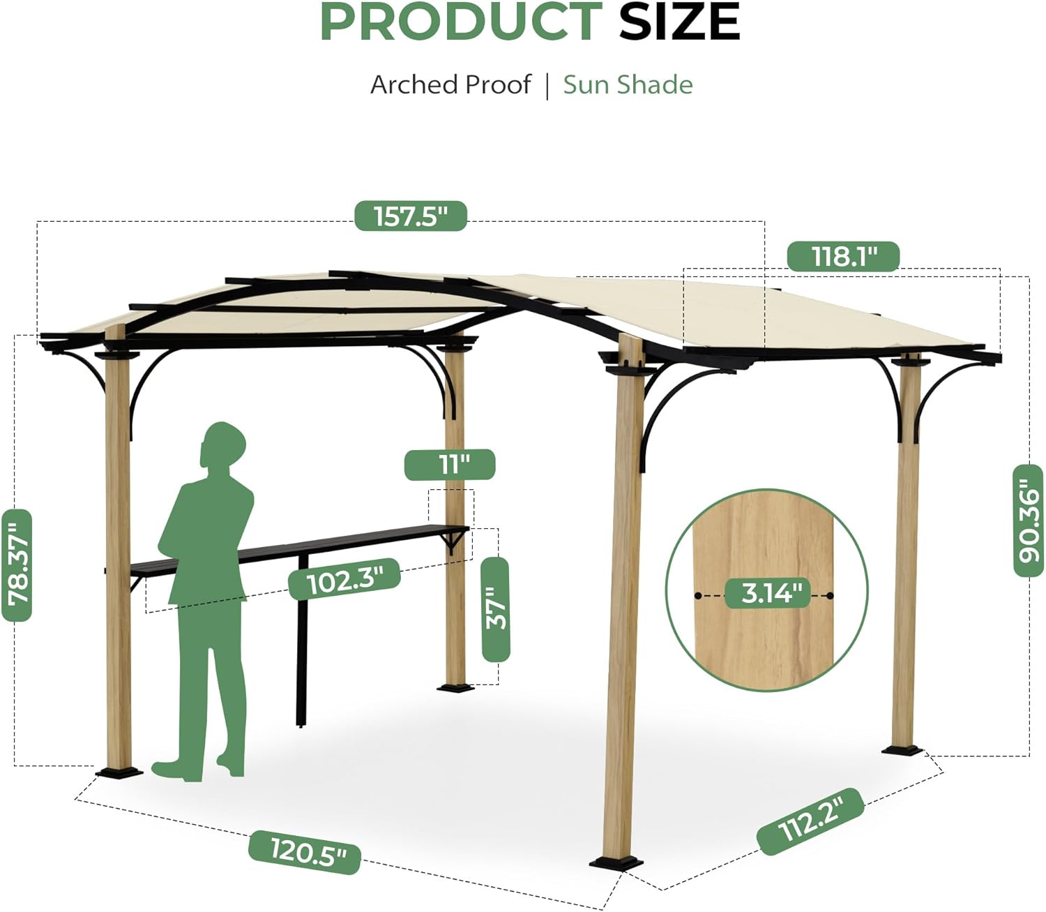 10' x 13' Arched Top Outdoor Pergola, Aluminum Frame Gazebo with Storage Shelf, Wood-Like Frame Patio Pergola Shade