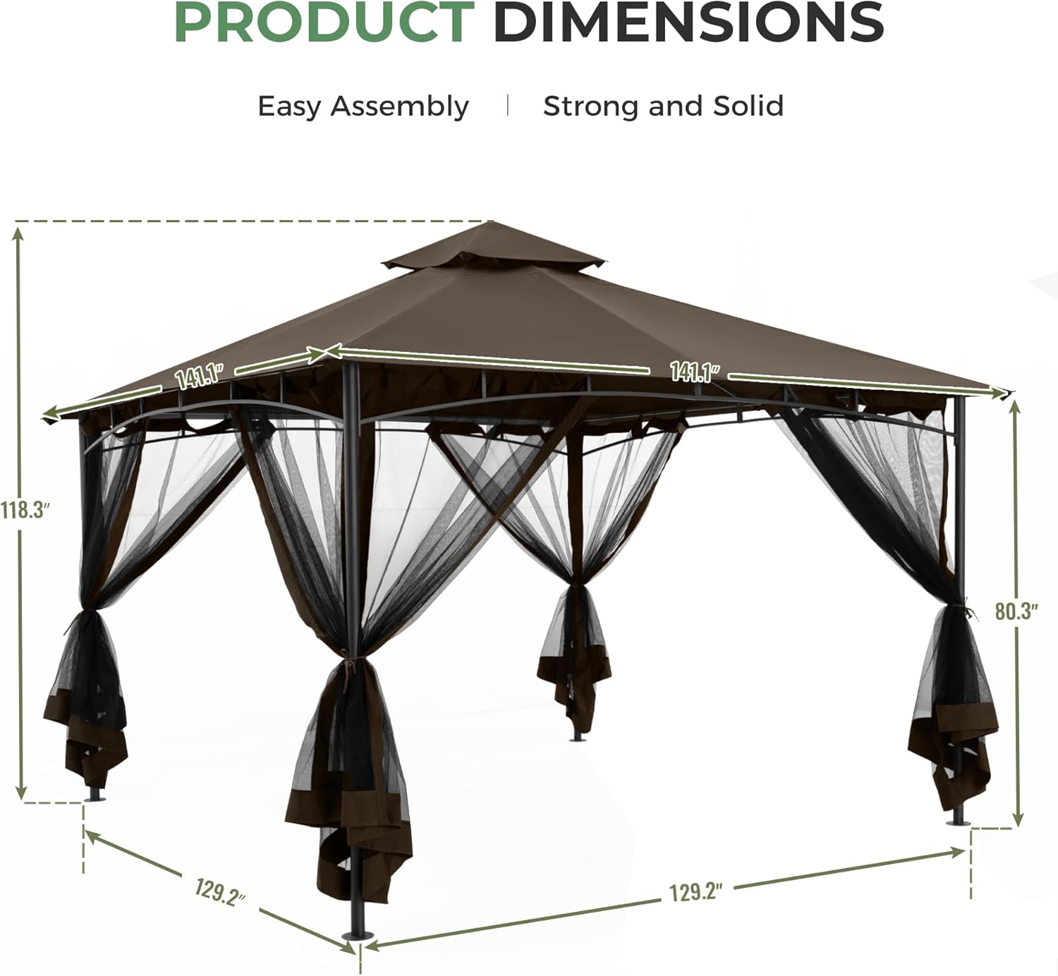 12' X 12' Patio Gazebo with Ventilation Double Roof, Outdoor Gazebo with Removable Mosquito Netting