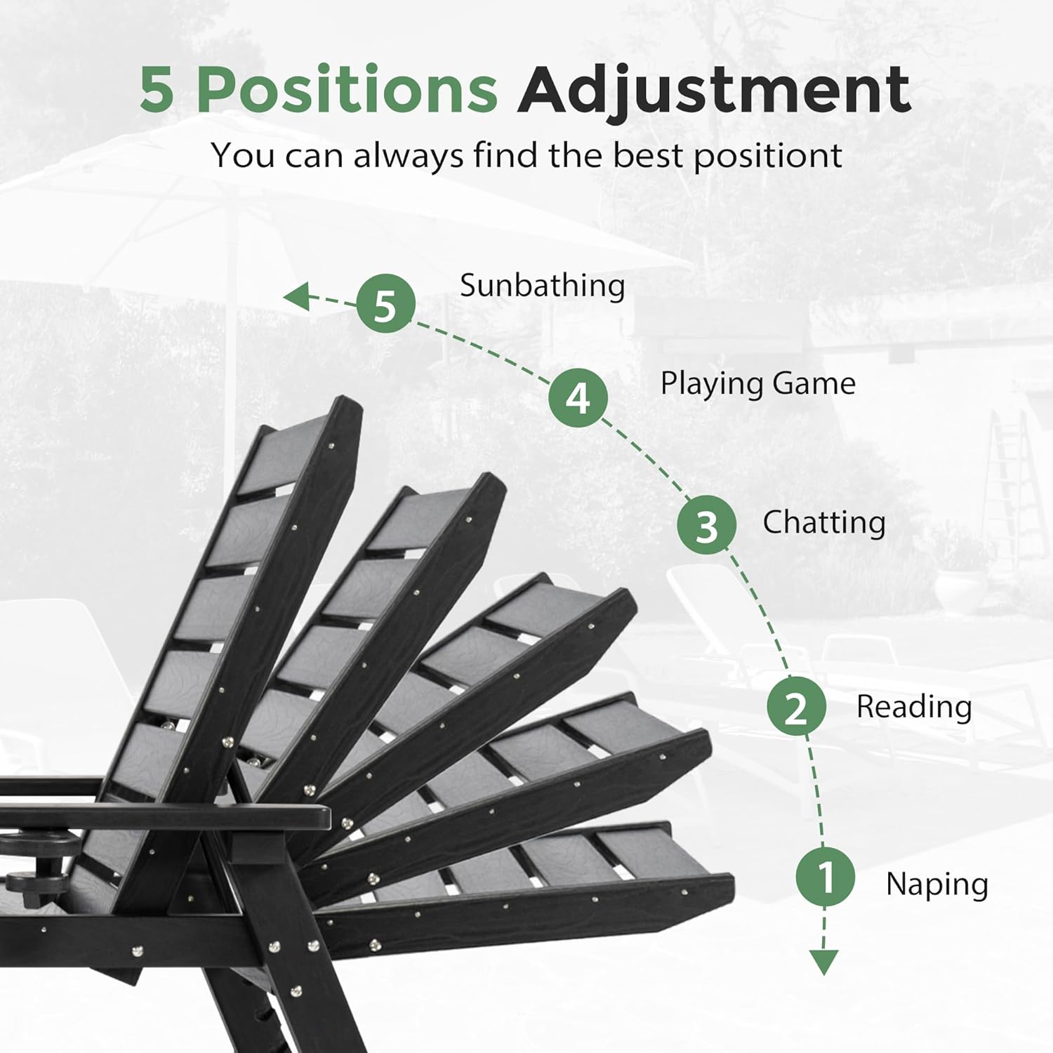 HDPE Chaise Lounge 5-Level Adjustable Backrest, Pool Lounge Chair with Wheels and Cup Holder