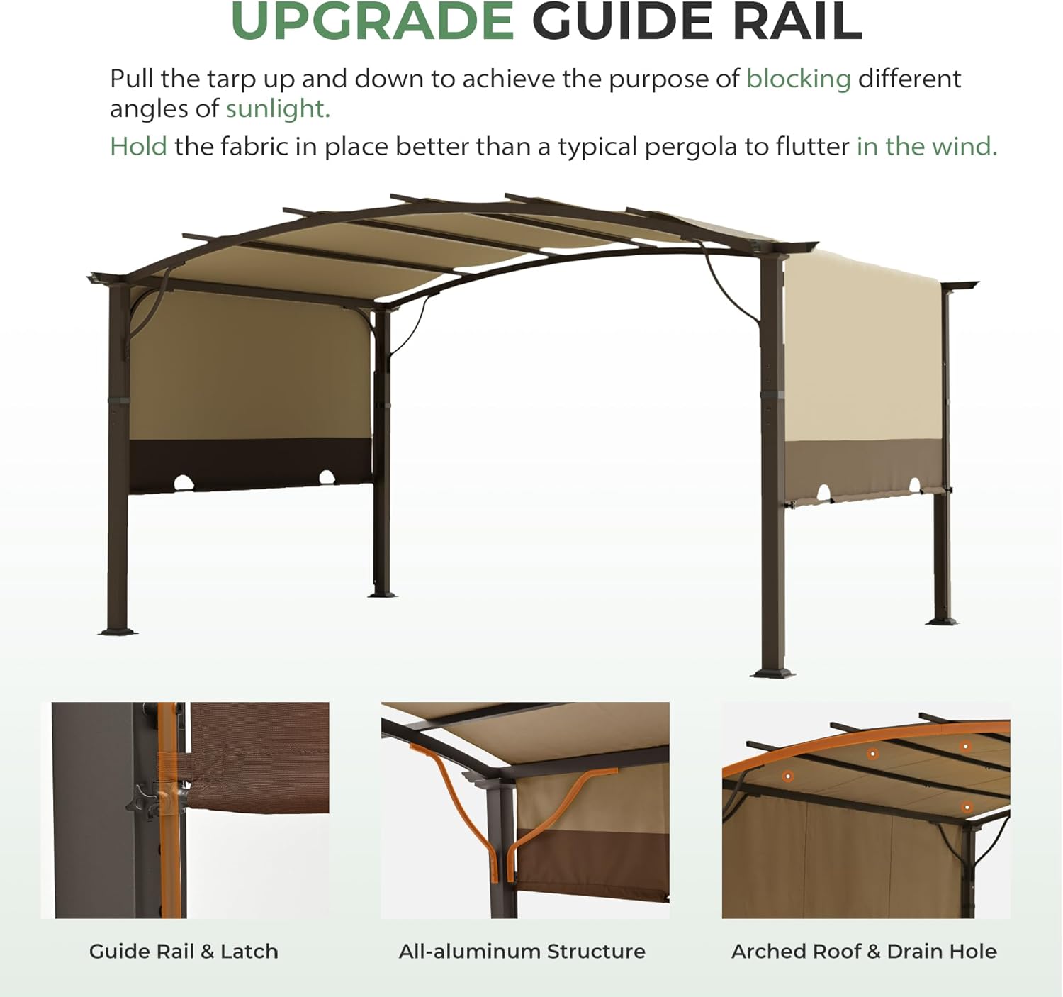 10 x13 Arched Outdoor Pergola for Deck, Outdoor Retractable Pergola with Canopy and Hardware