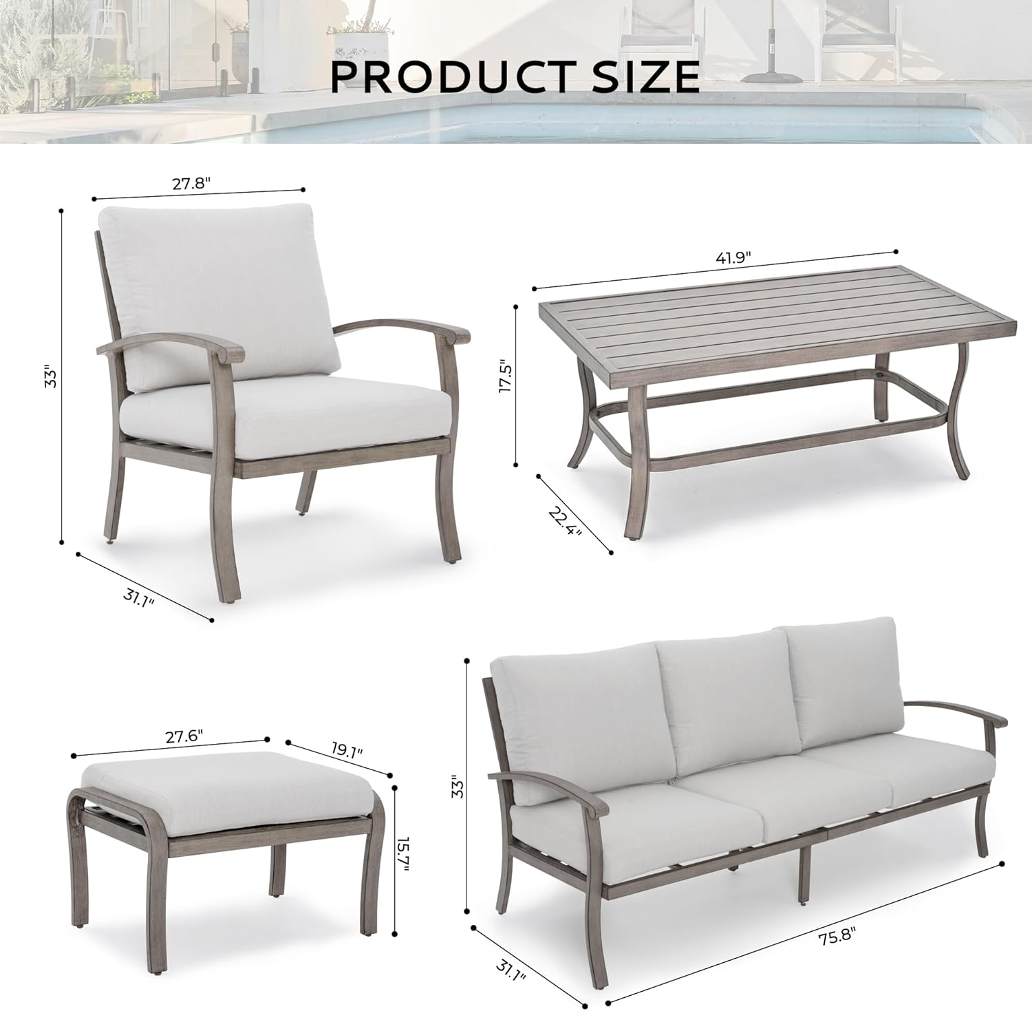 Aluminum Patio Furniture Set with Coffee Table 6 Pieces, Sectional 3 Seat Sofa Couch and Armchairs with Cushions and Ottomans