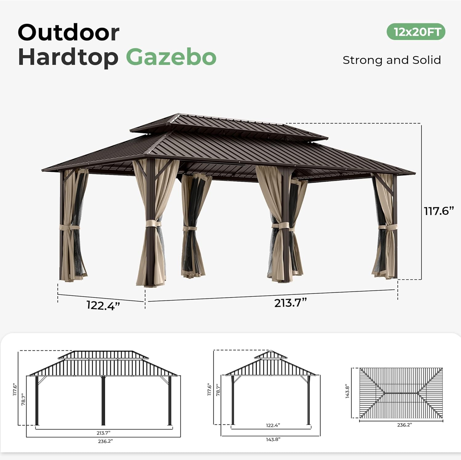 12' x 20' Hardtop Gazebo, Aluminum Frame Gazebo with Double Galvanized Steel Roof, Outdoor Permanent Pavilion with Netting & Curtains