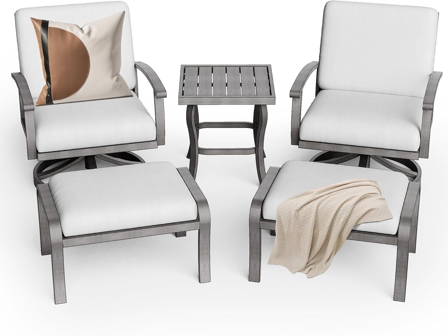 5 Pieces Aluminum Patio Furniture Set with Side Table, 2 Swivel Chairs and 2 Ottomans with Thick Cushion