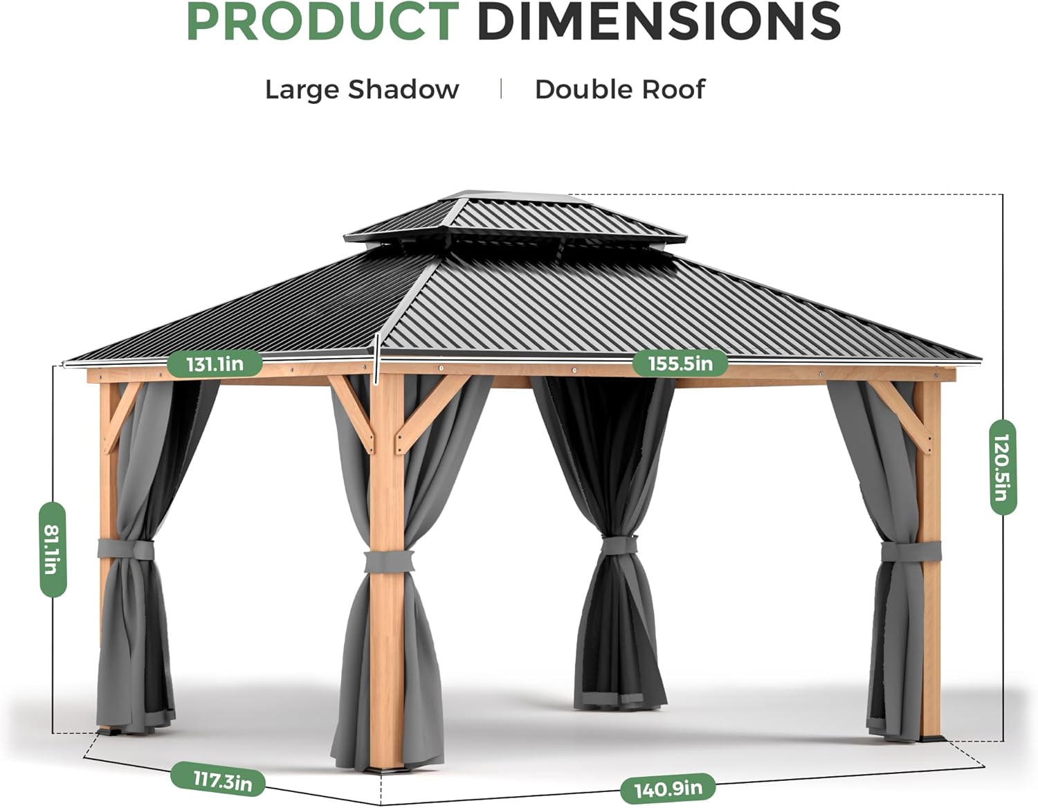 11x13 Wood Gazebo, Outdoor Hardtop Gazebo with Netting and Curtains, Double Galvanized Steel Roof