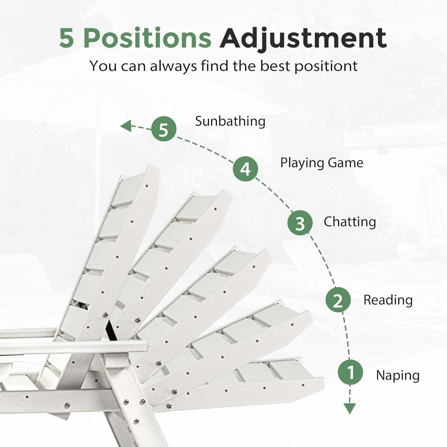 HDPE Chaise Lounge 5-Level Adjustable Backrest, Pool Lounge Chair with Wheels and Cup Holder