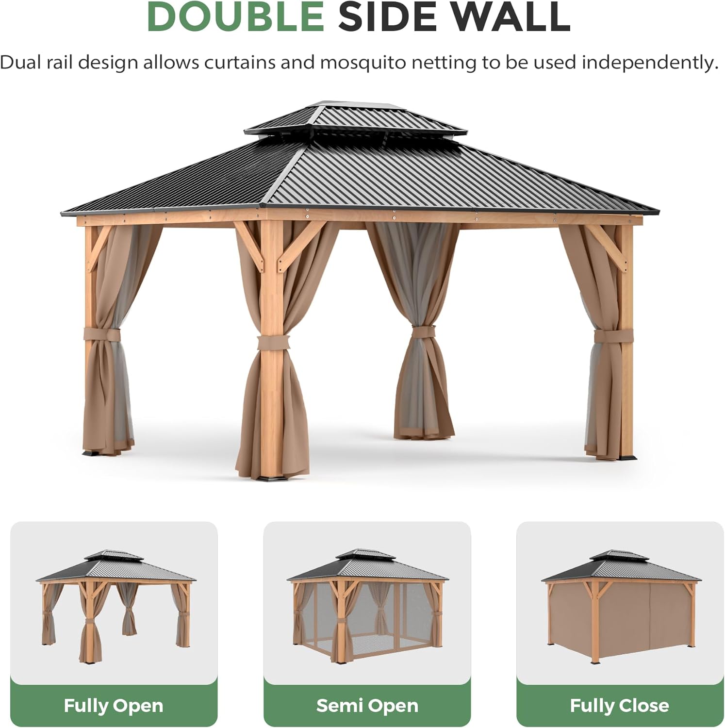 11x13 Wood Gazebo, Outdoor Hardtop Gazebo with Netting and Curtains, Double Galvanized Steel Roof
