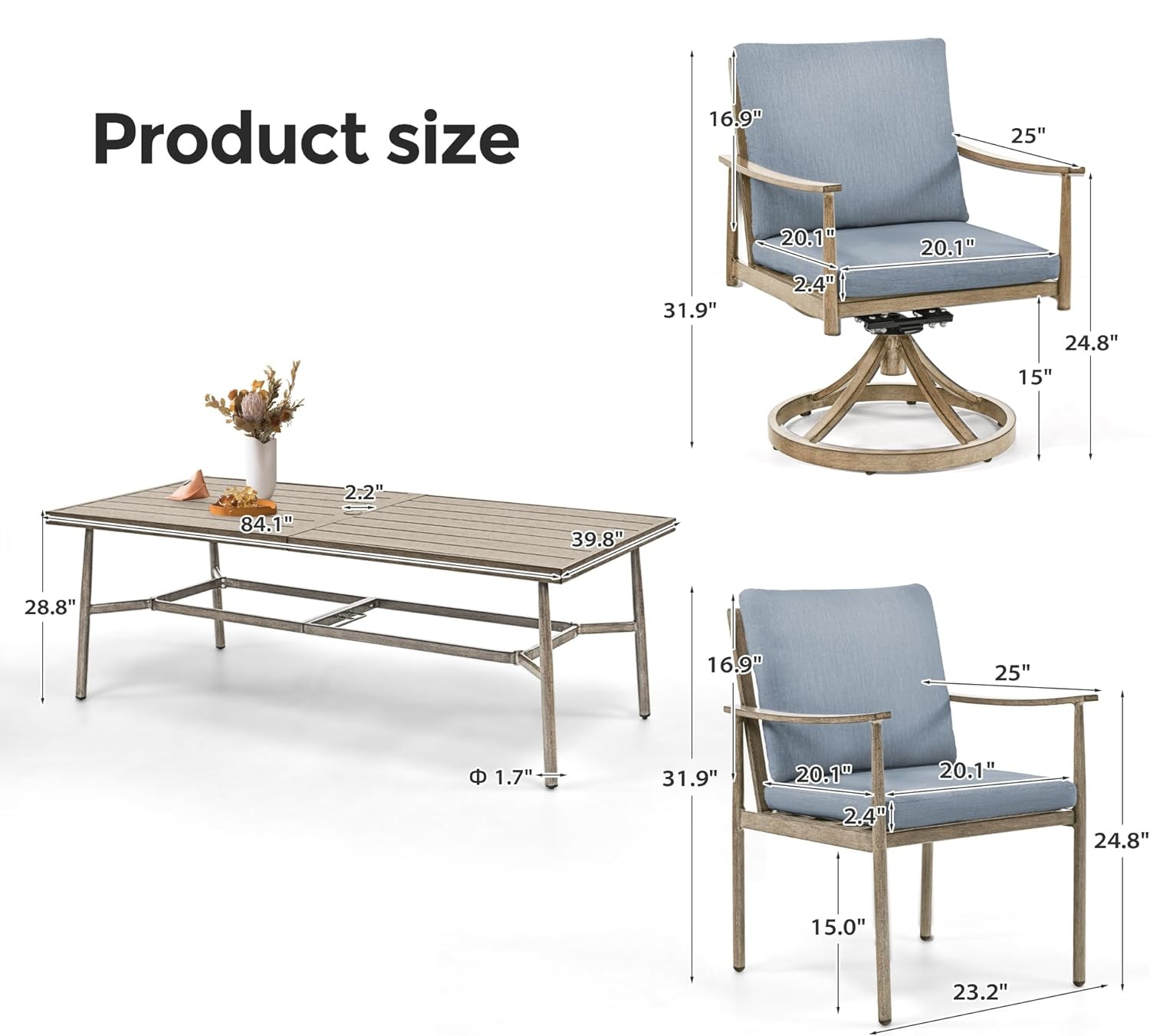 9-Piece Outdoor Dining Set for 8, Aluminum Dining Set with Cushions, 6 Dining Chairs and 2 Swivel Chairs with Rope Backrest