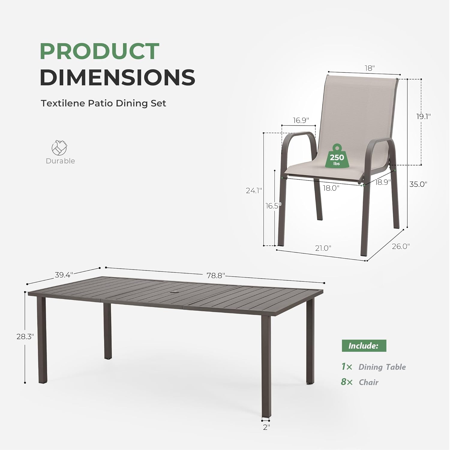 Metal Dining Table with Umbrella Hole, Stackable Outdoor Chairs for Garden Set for 8