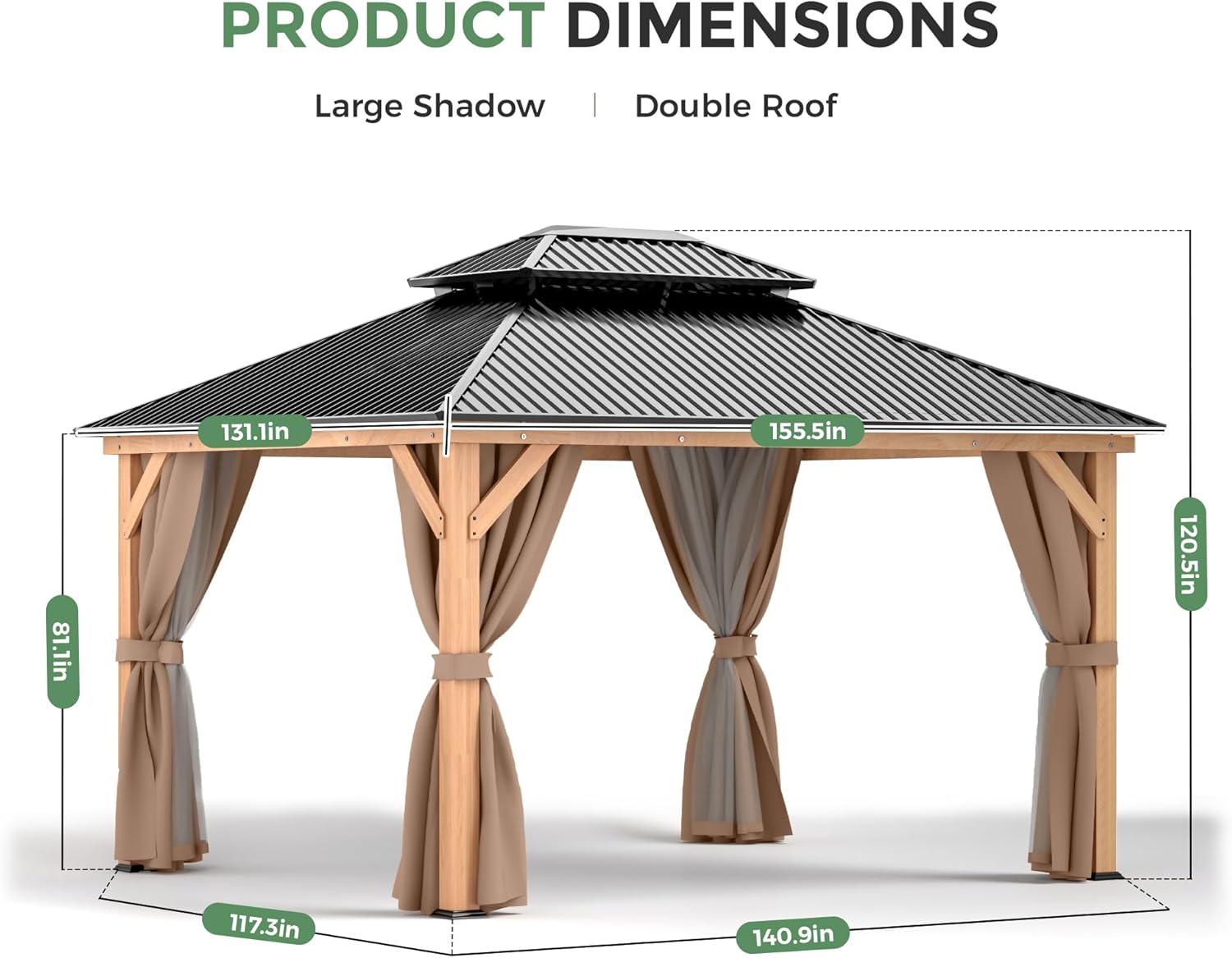 11x13 Wood Gazebo, Outdoor Hardtop Gazebo with Netting and Curtains, Double Galvanized Steel Roof