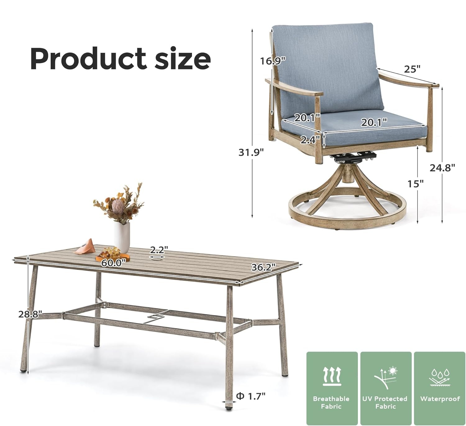 7-Piece Outdoor Dining Set for 6, Aluminum Dining Set with Cushions, 6 Swivel Chairs with Rope Backrest