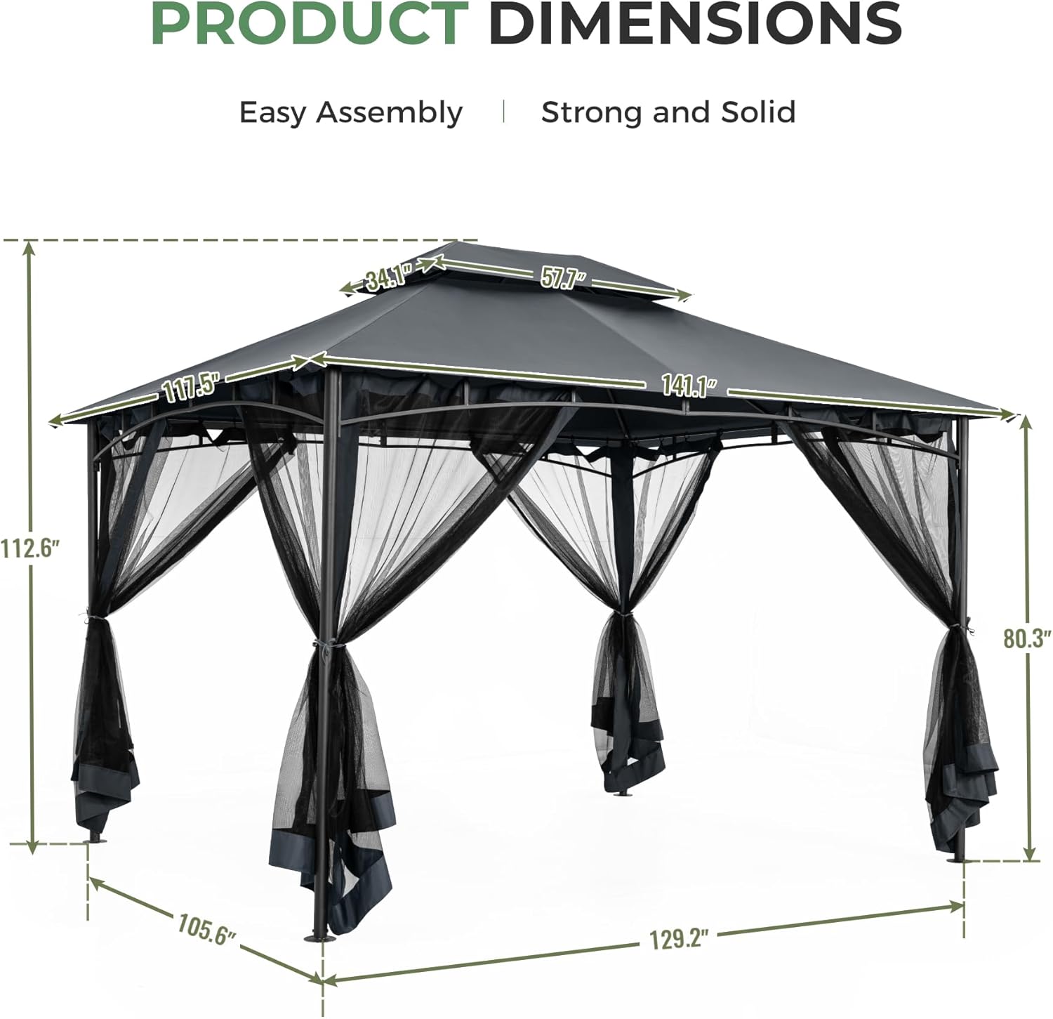10' X 12' Patio Gazebo with Ventilation Double Roof, Outdoor Gazebo with Removable Mosquito Netting