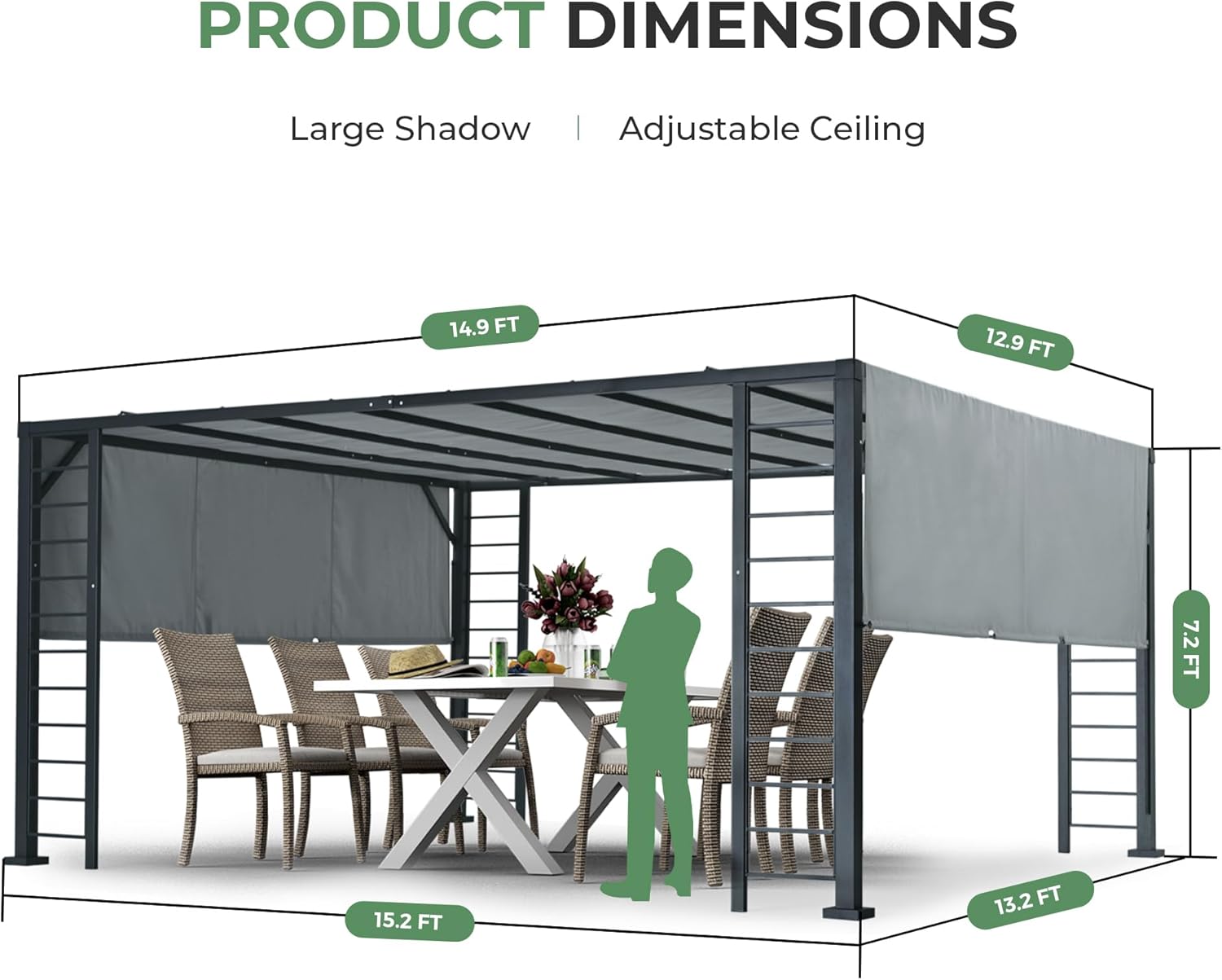 13' X 15' Outdoor Retractable Pergola, Aluminum Frame with Retractable Sun Shade Canopy